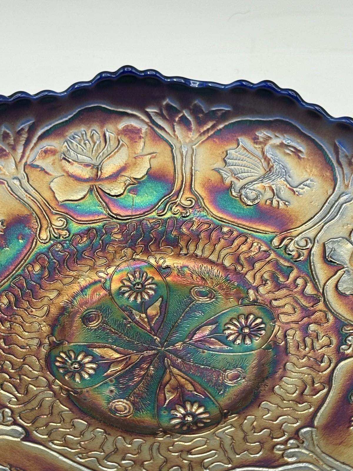 Antique Fenton “Dragon & Lotus” Cobalt Blue Carnival Glass ICS Bowl