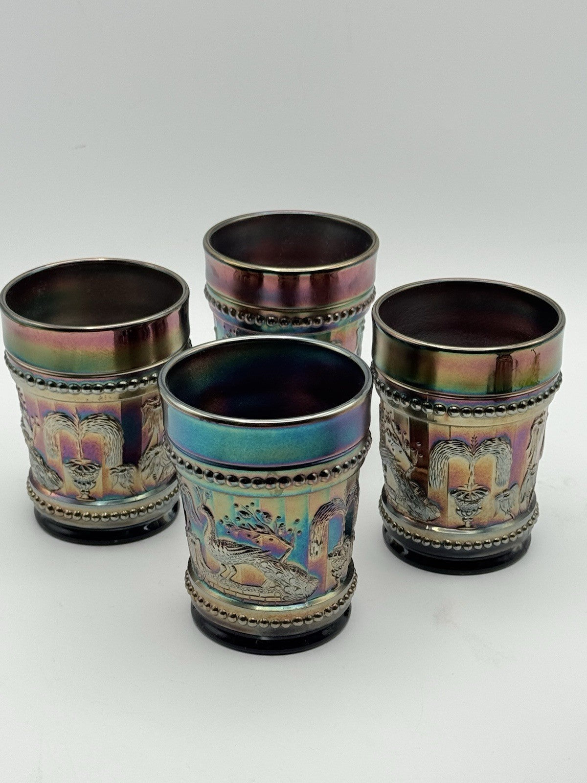 4 Peacock at the Fountain Carnival Glass Tumblers