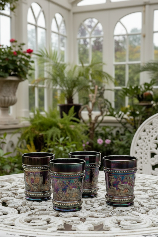 4 Peacock at the Fountain Carnival Glass Tumblers