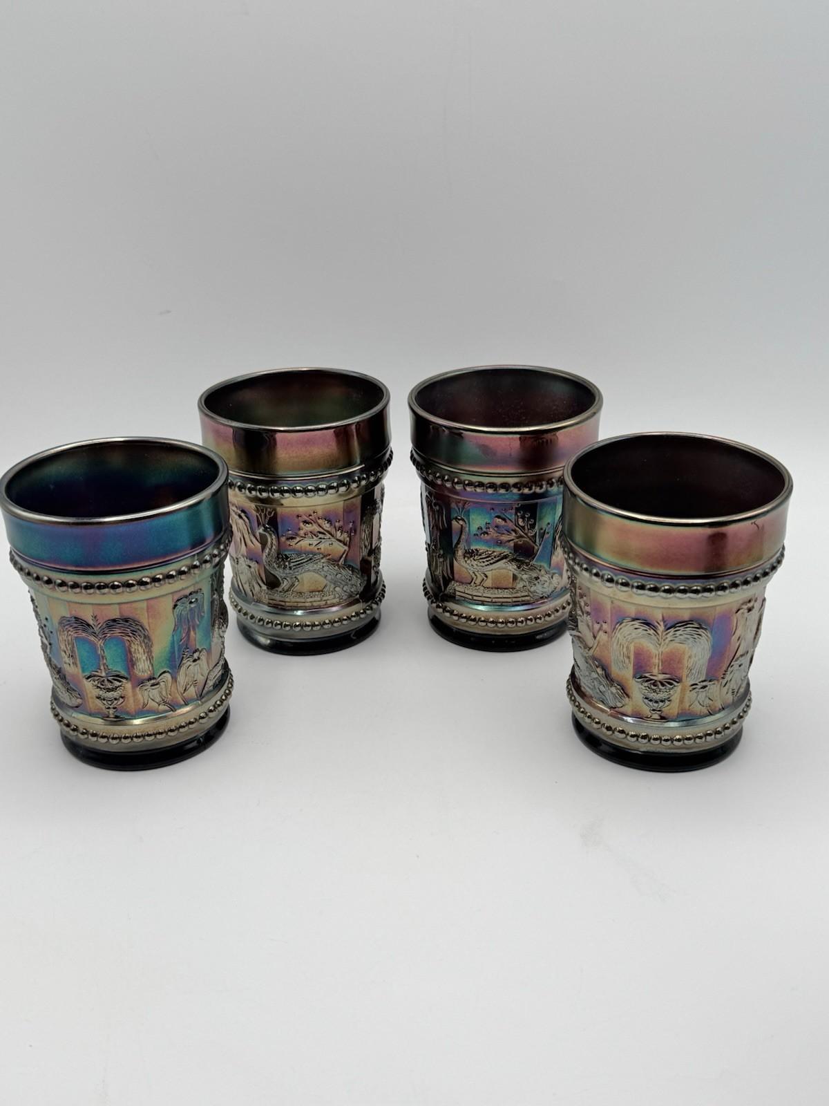 4 Peacock at the Fountain Carnival Glass Tumblers