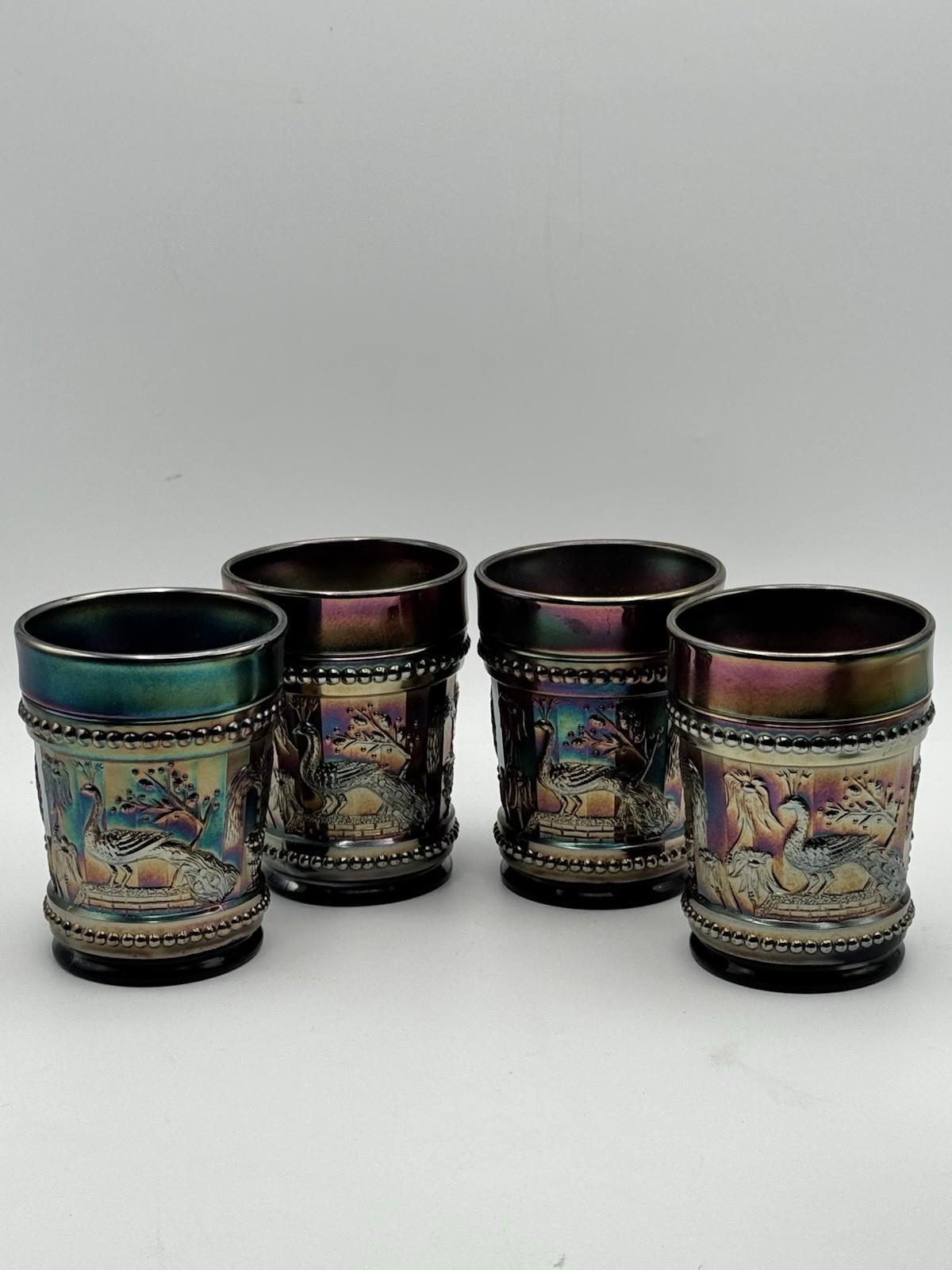 4 Peacock at the Fountain Carnival Glass Tumblers