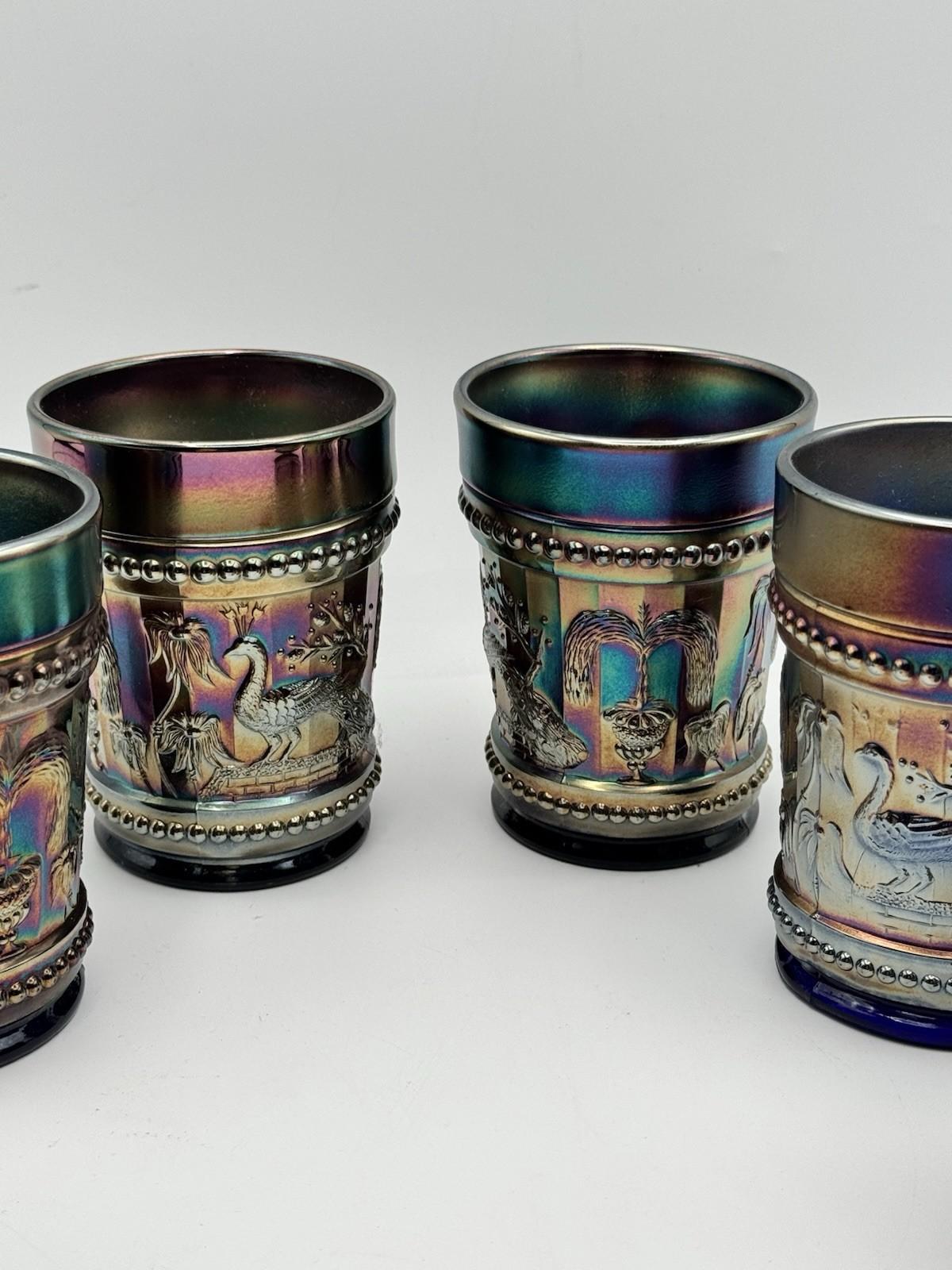 4 Peacock at the Fountain Carnival Glass Tumblers