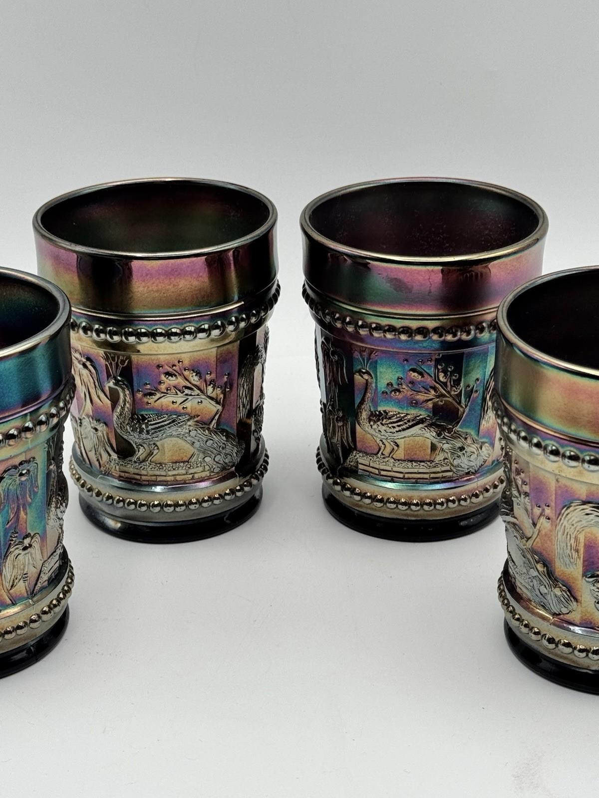4 Peacock at the Fountain Carnival Glass Tumblers