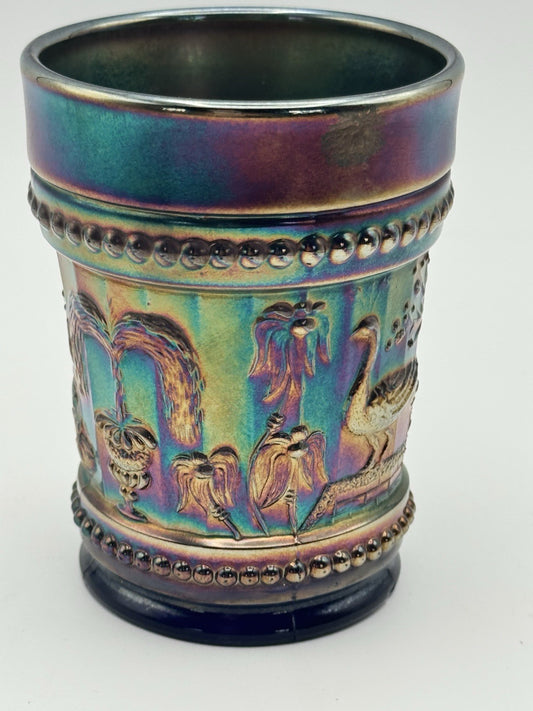 1 Tumbler Peacock Fountain Cobalt Blue Iridescent Carnival Glass