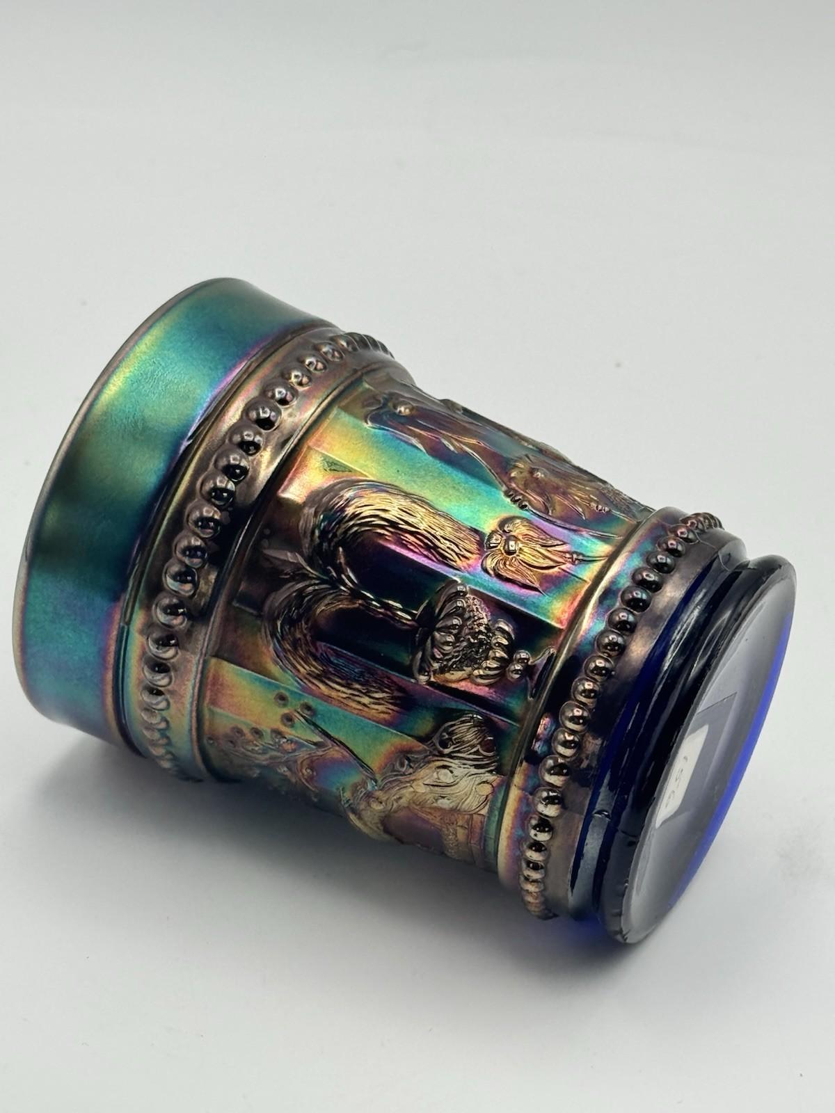 1 Tumbler Peacock Fountain Cobalt Blue Iridescent Carnival Glass