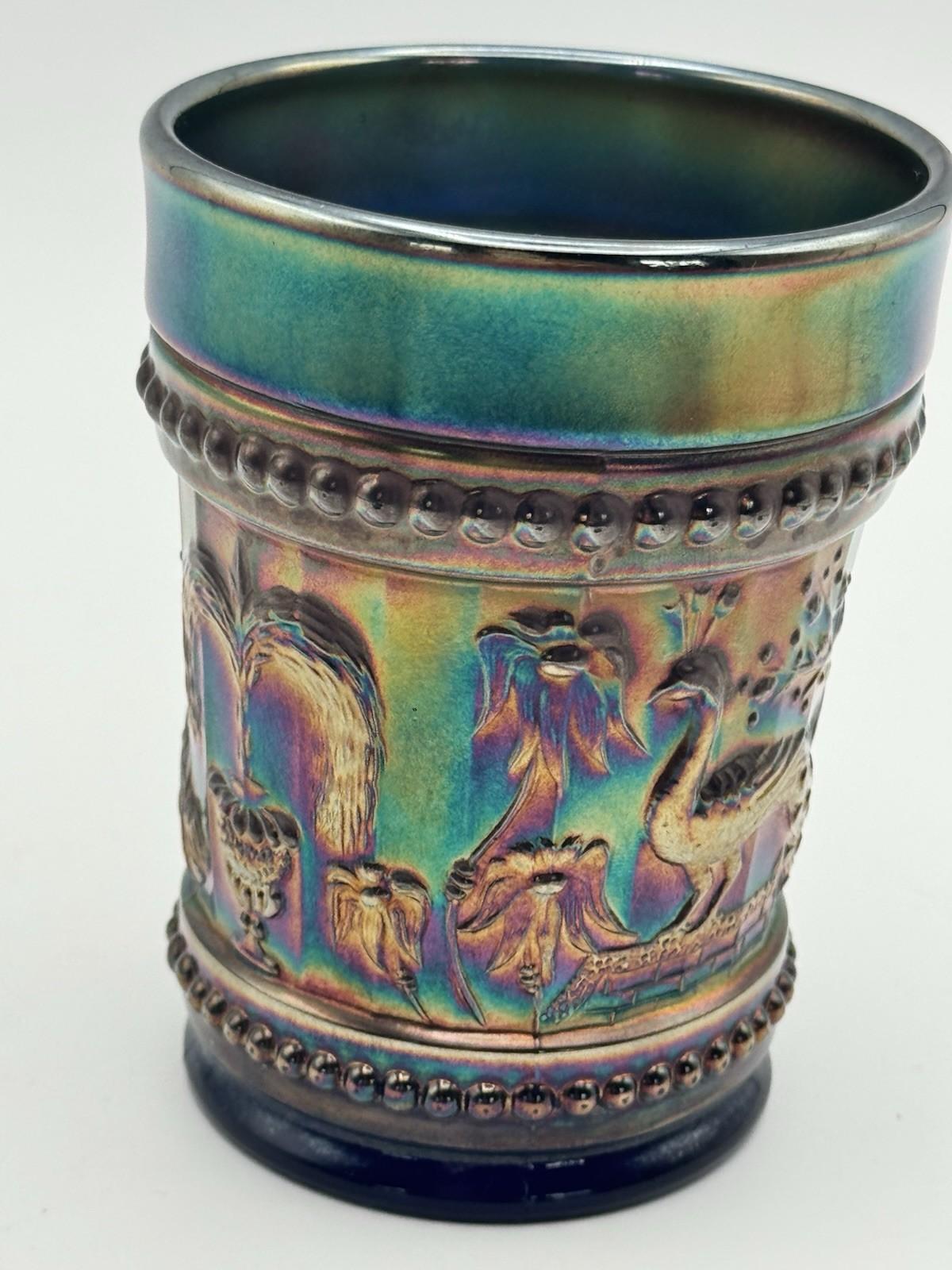 1 Tumbler Peacock Fountain Cobalt Blue Iridescent Carnival Glass