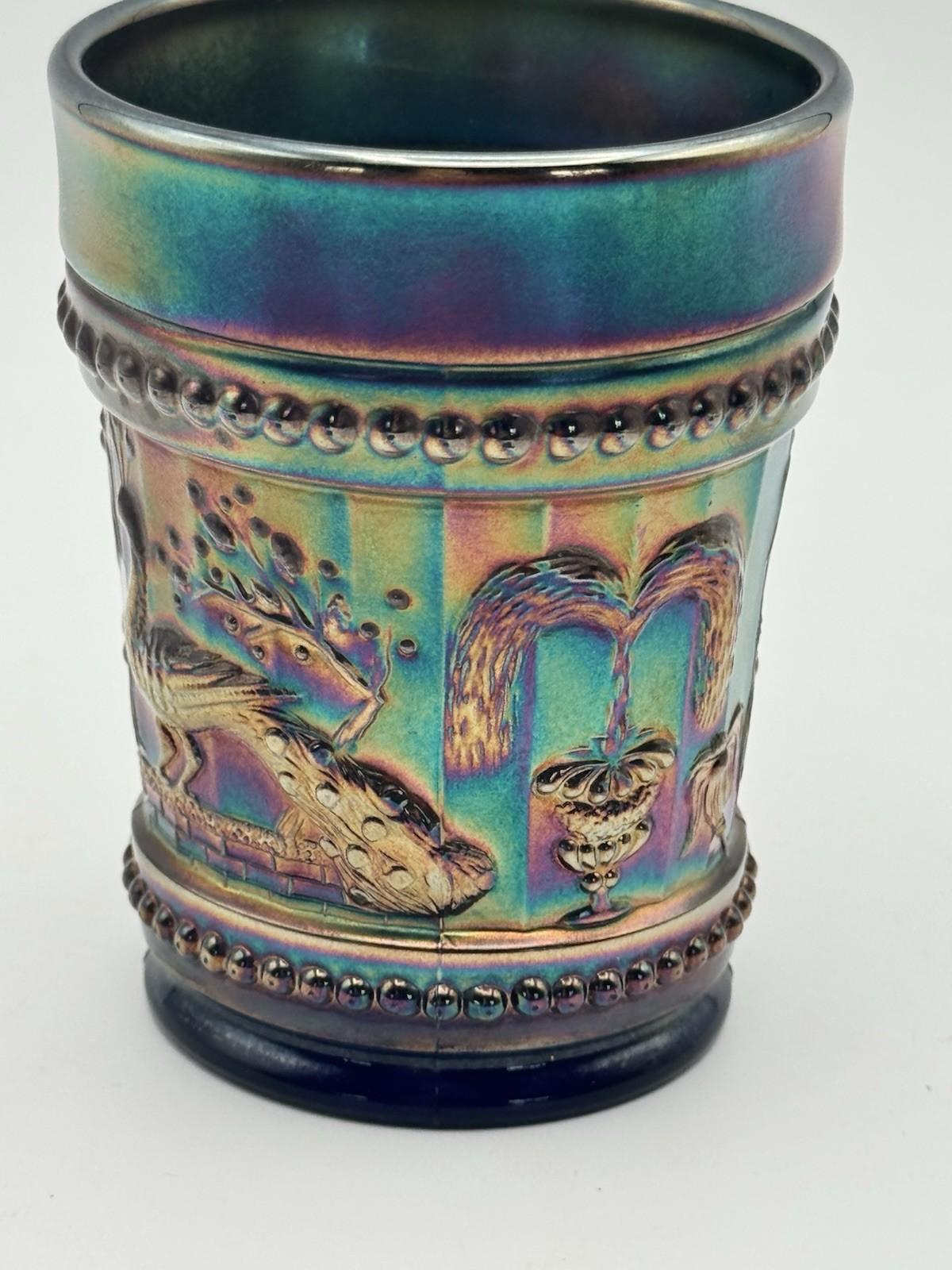1 Tumbler Peacock Fountain Cobalt Blue Iridescent Carnival Glass