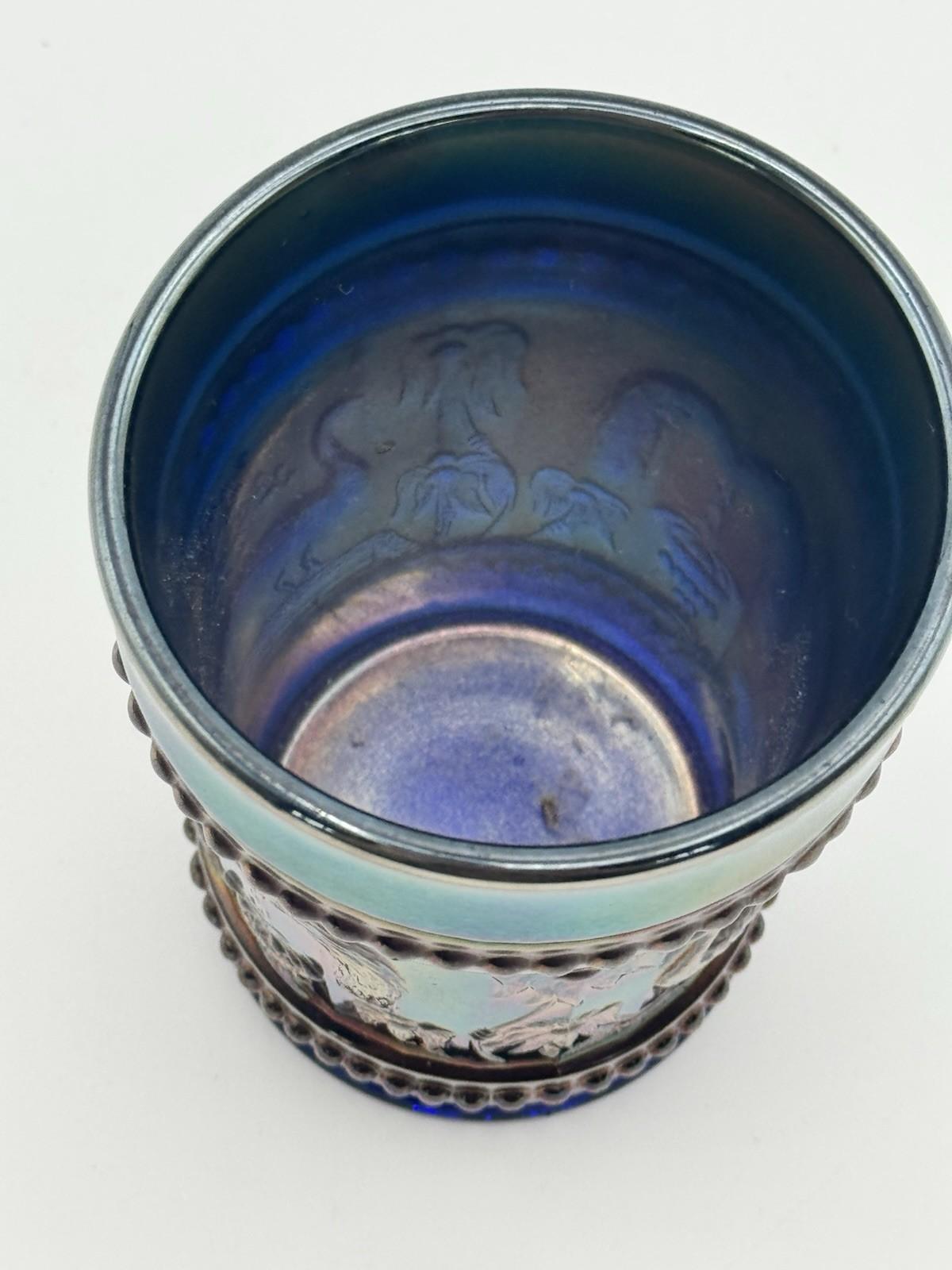 1 Tumbler Peacock Fountain Cobalt Blue Iridescent Carnival Glass