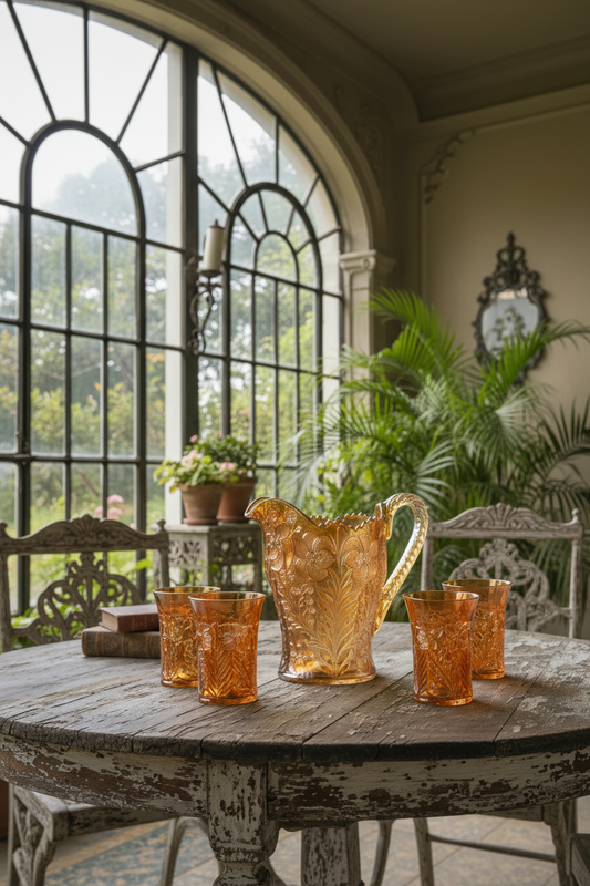 IMPERIAL CARNIVAL GLASS MARIGOLD TIGER LILY WATER PITCHER & 6 TUMBLERS