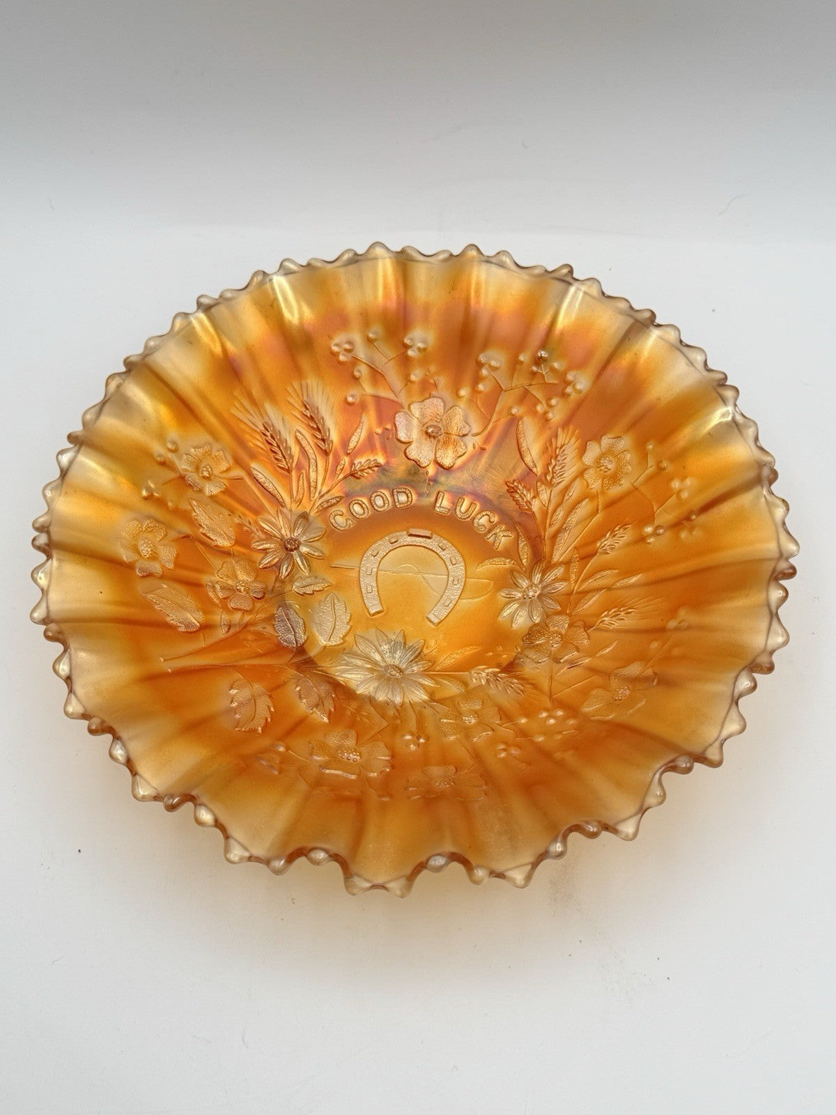 Northwood Good Luck Bowl Carnival Glass Marigold 8.75” Ruffled Edge