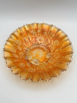 Northwood Good Luck Bowl Carnival Glass Marigold 8.75” Ruffled Edge