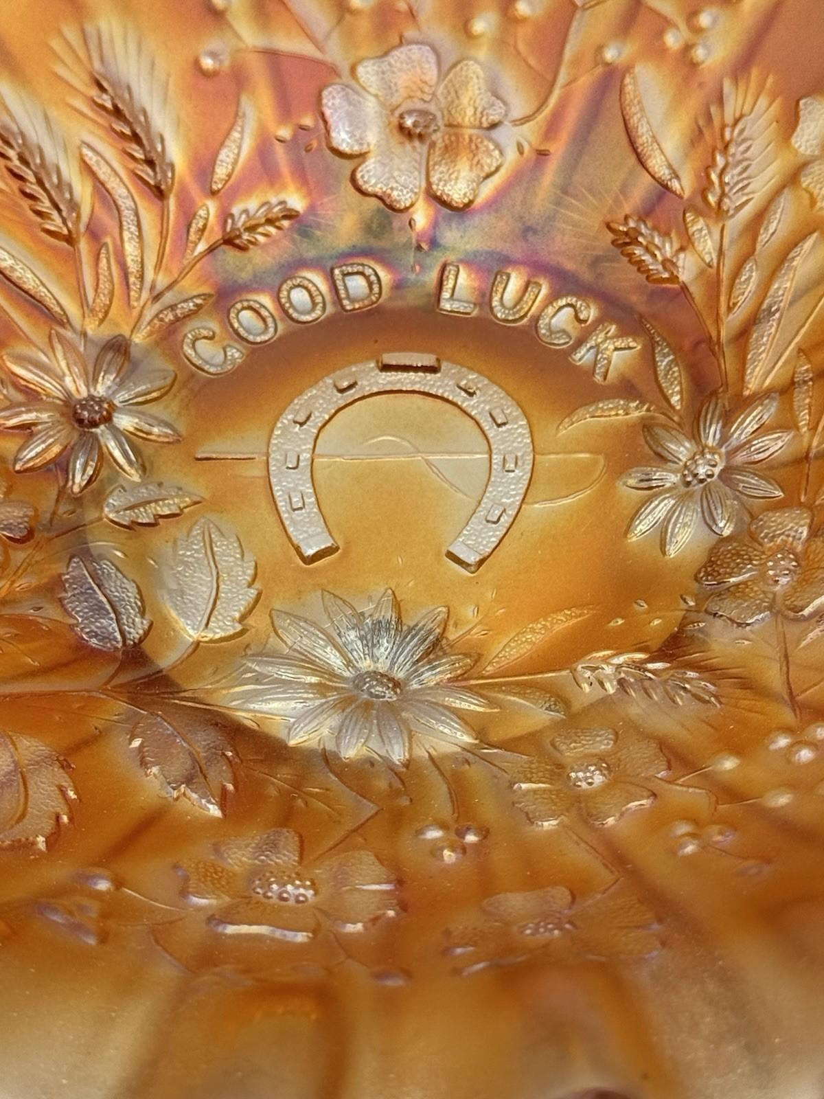 Northwood Good Luck Bowl Carnival Glass Marigold 8.75” Ruffled Edge