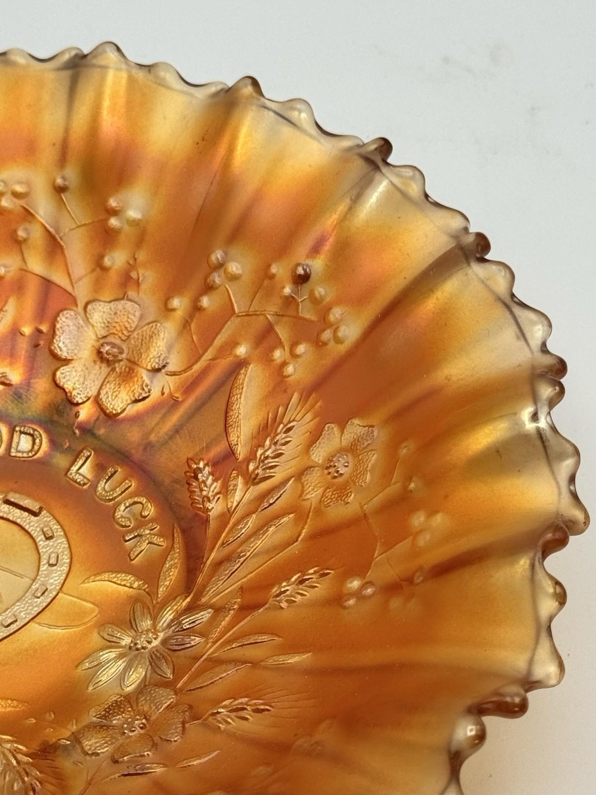 Northwood Good Luck Bowl Carnival Glass Marigold 8.75” Ruffled Edge