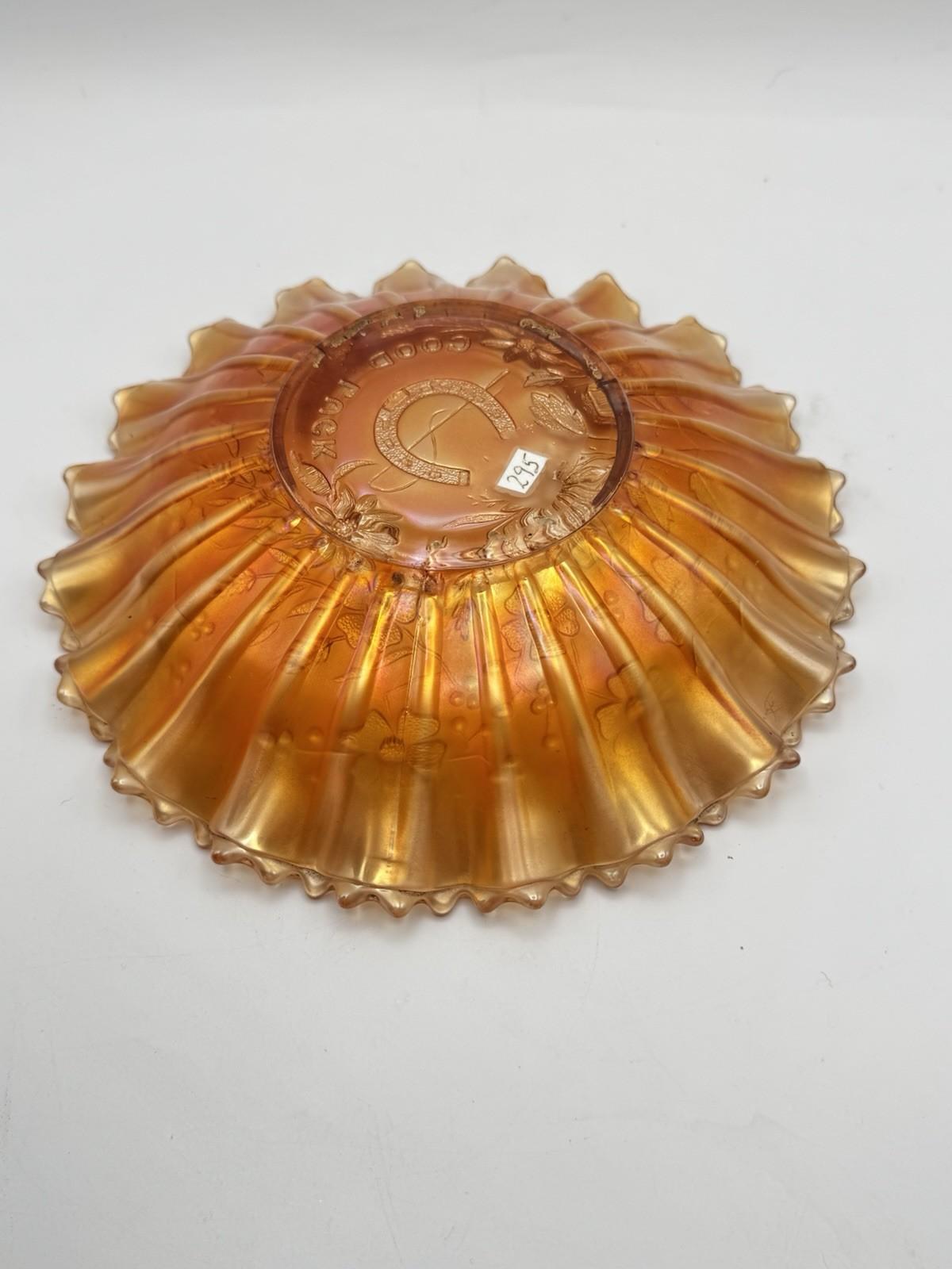 Northwood Good Luck Bowl Carnival Glass Marigold 8.75” Ruffled Edge