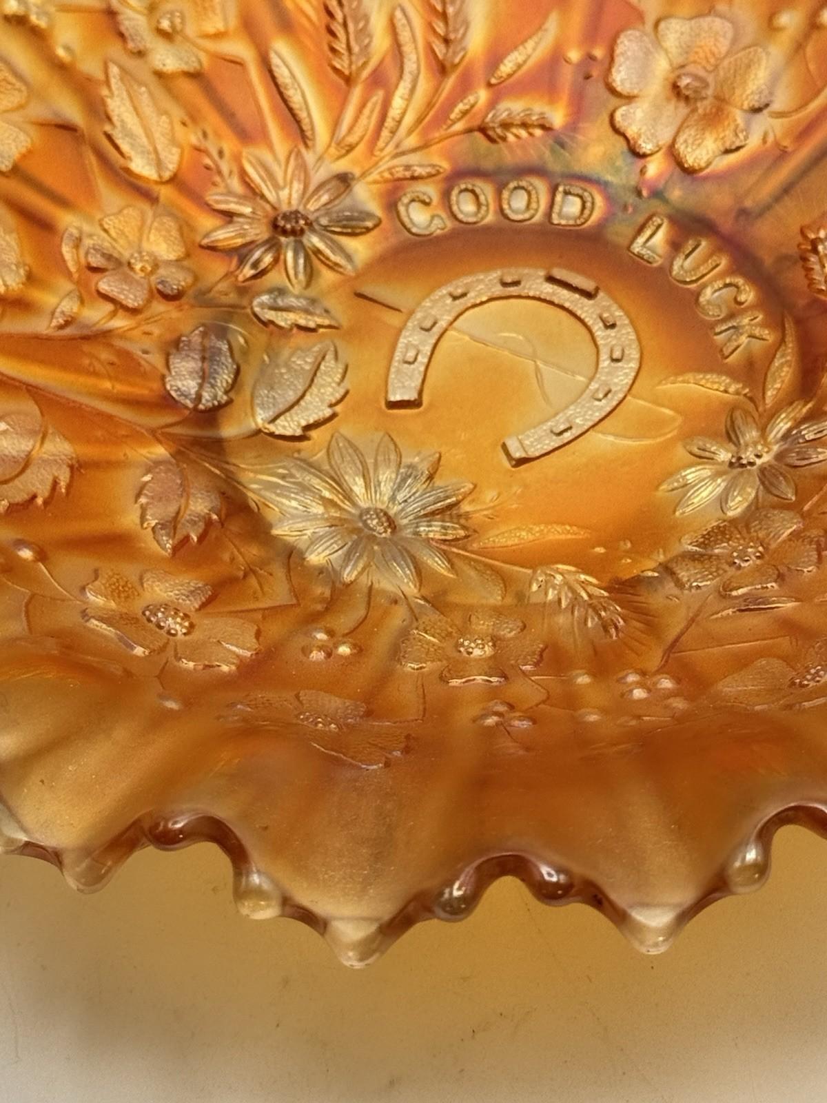 Northwood Good Luck Bowl Carnival Glass Marigold 8.75” Ruffled Edge