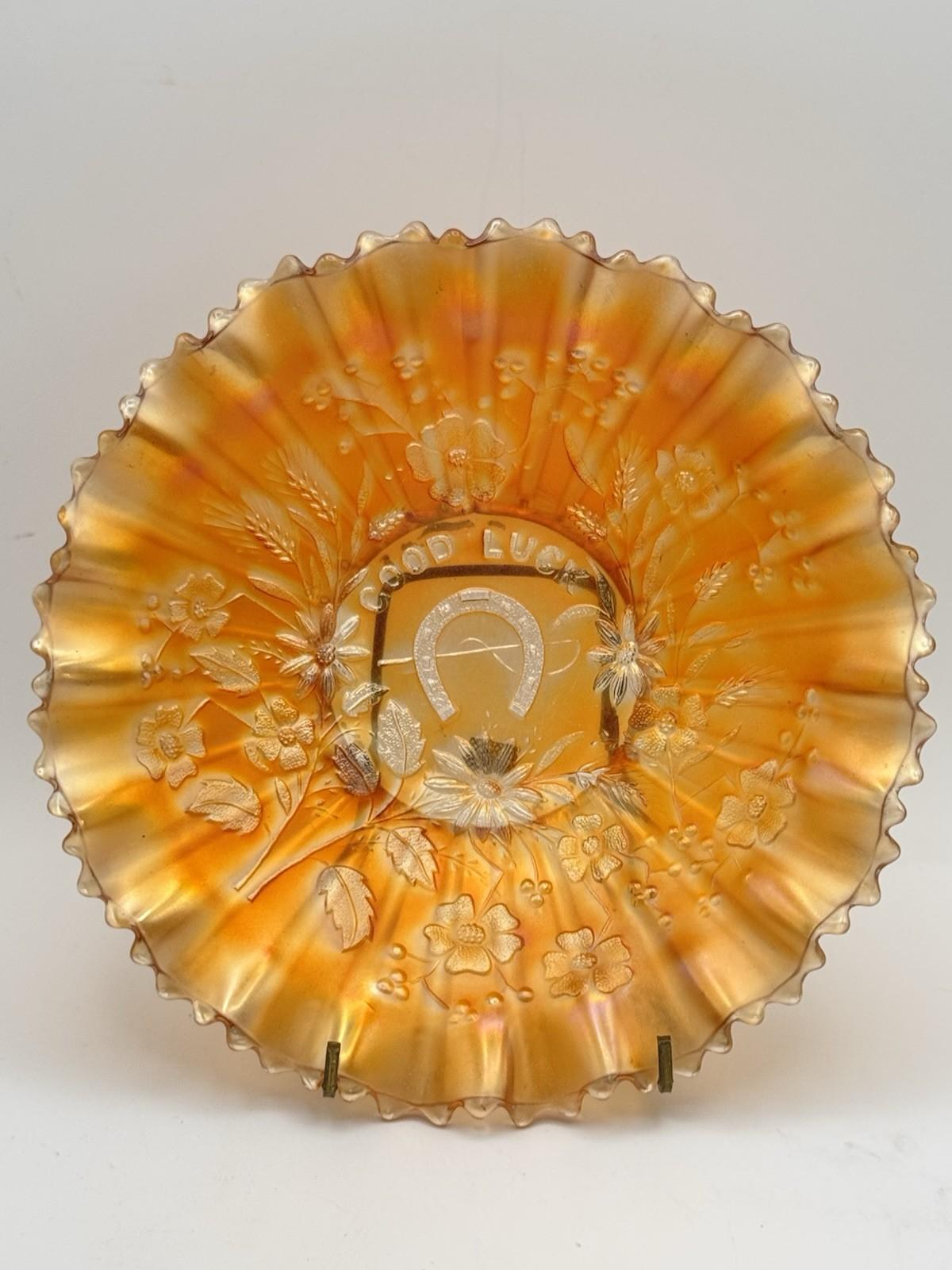 Northwood Good Luck Bowl Carnival Glass Marigold 8.75” Ruffled Edge