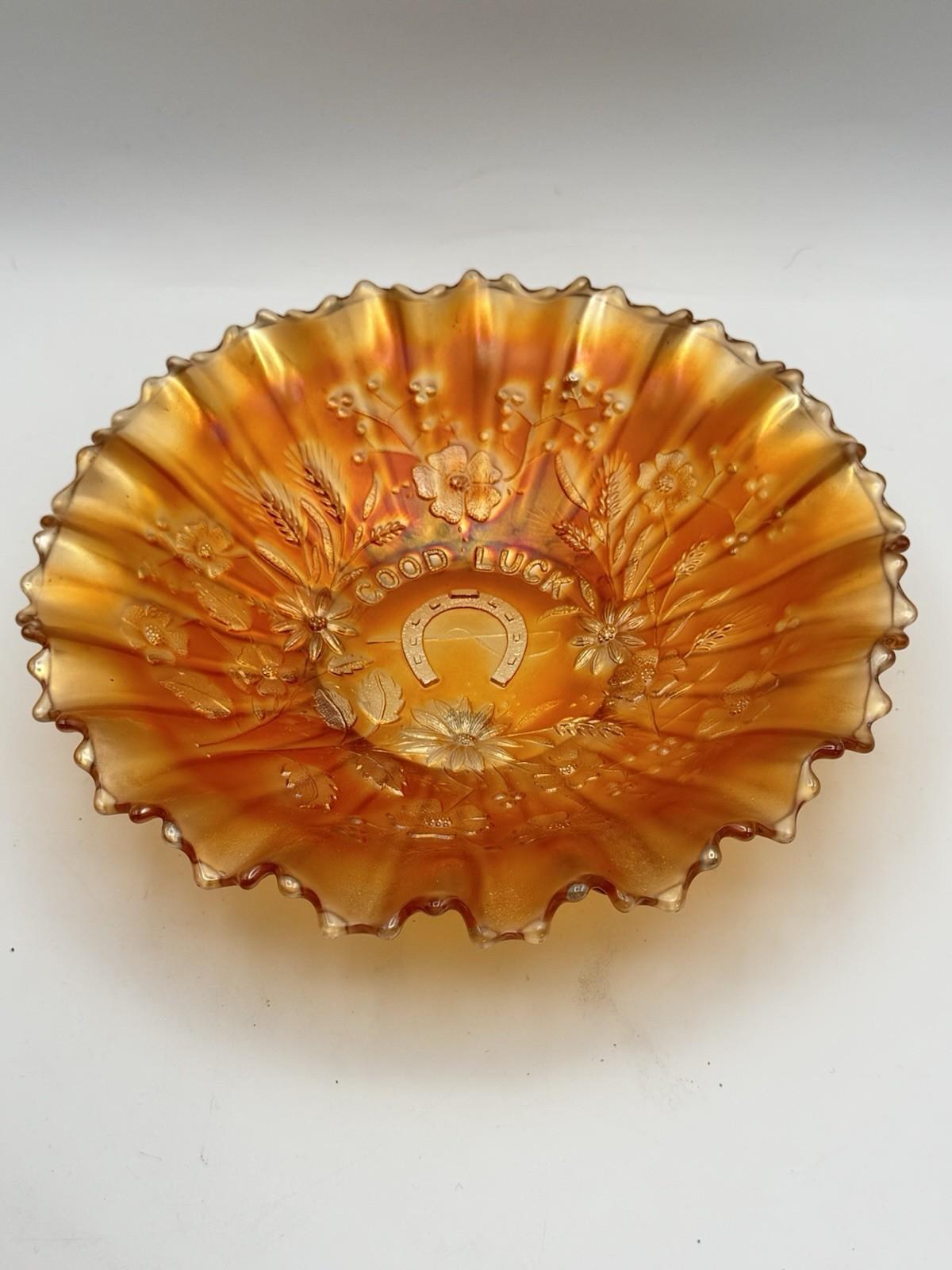 Northwood Good Luck Bowl Carnival Glass Marigold 8.75” Ruffled Edge