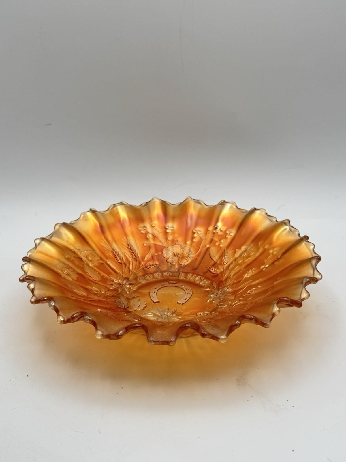 Northwood Good Luck Bowl Carnival Glass Marigold 8.75” Ruffled Edge