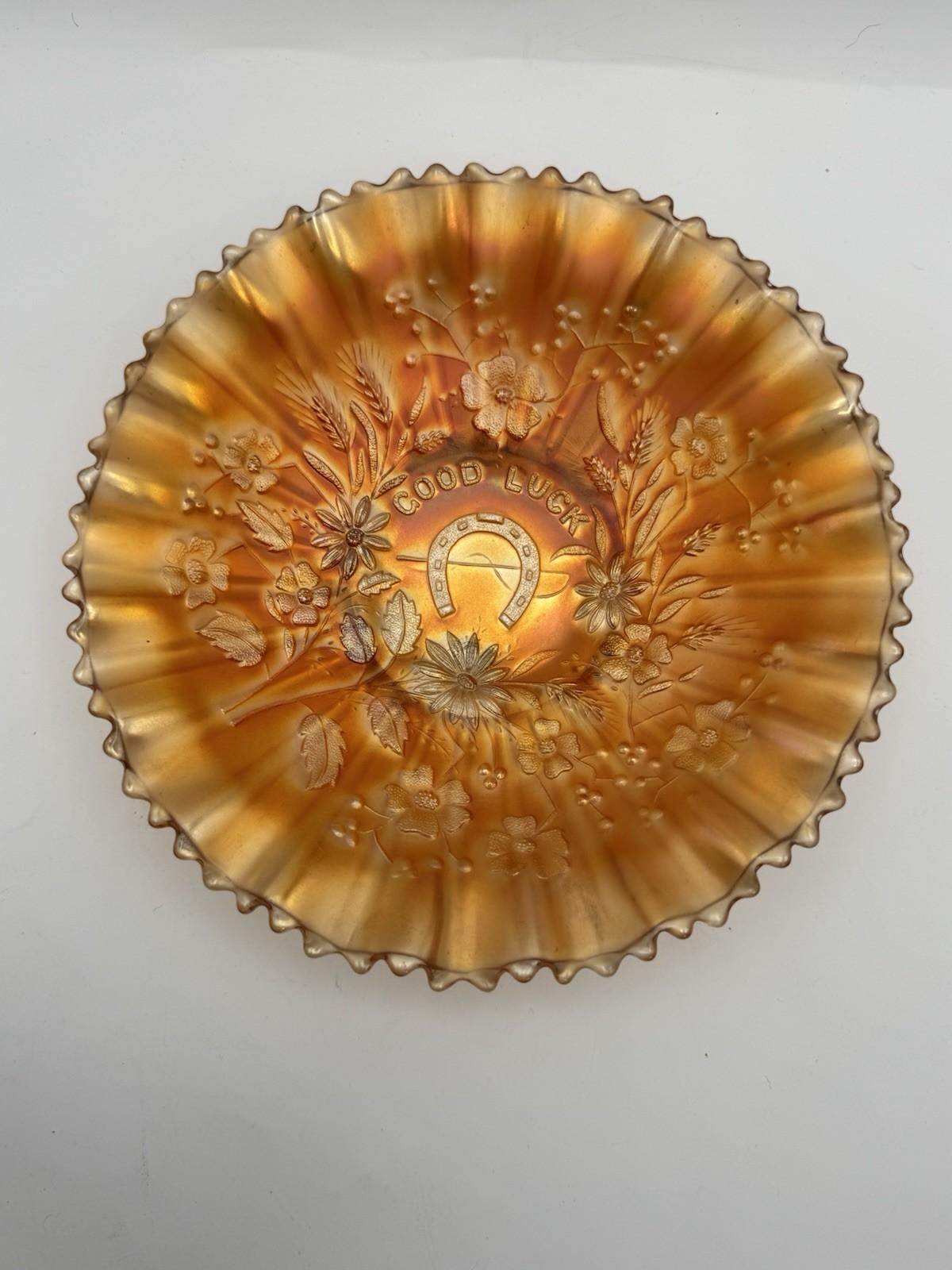 Northwood Good Luck Bowl Carnival Glass Marigold 8.75” Ruffled Edge