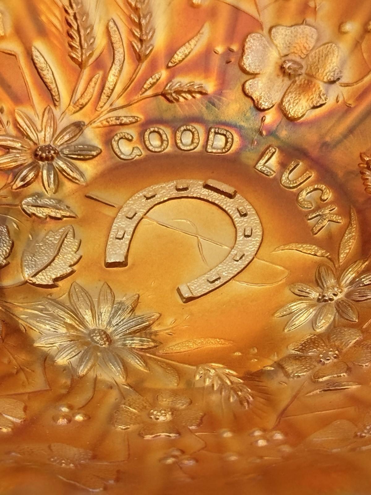 Northwood Good Luck Bowl Carnival Glass Marigold 8.75” Ruffled Edge