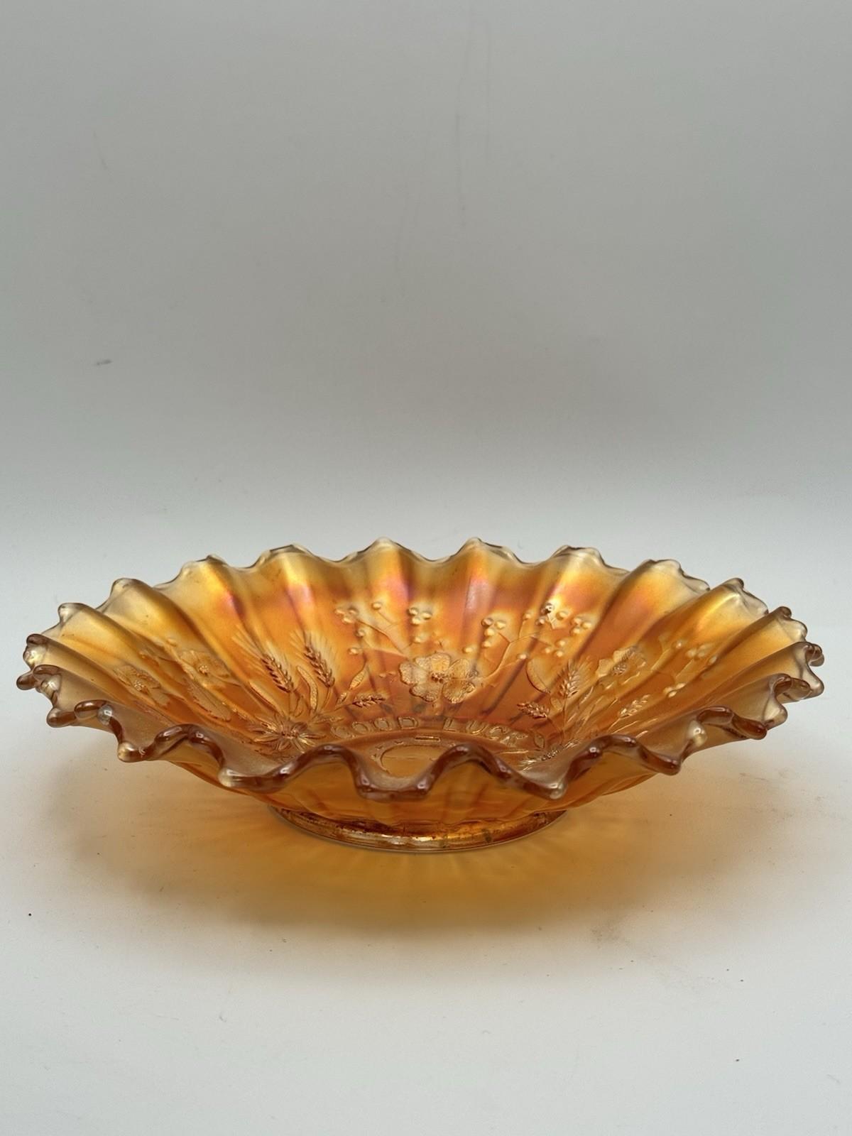 Northwood Good Luck Bowl Carnival Glass Marigold 8.75” Ruffled Edge
