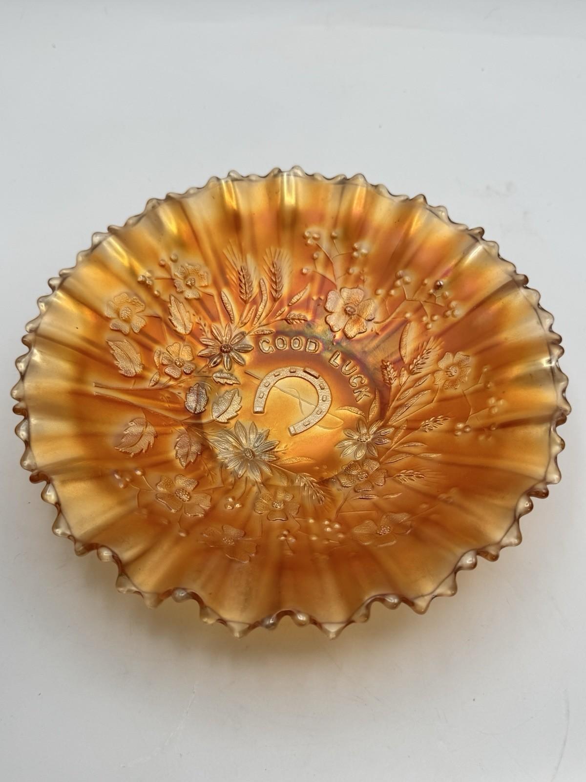 Northwood Good Luck Bowl Carnival Glass Marigold 8.75” Ruffled Edge