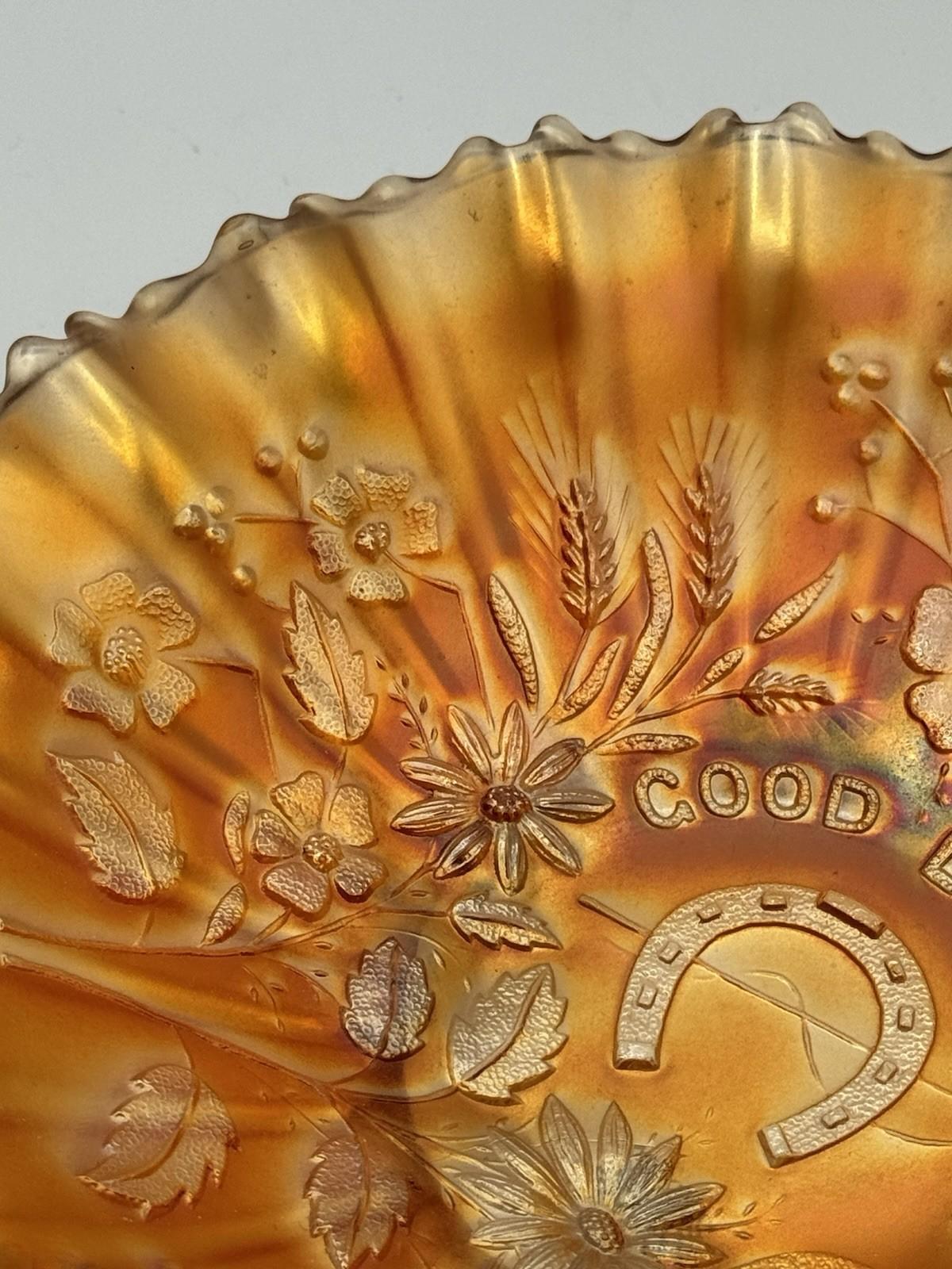 Northwood Good Luck Bowl Carnival Glass Marigold 8.75” Ruffled Edge