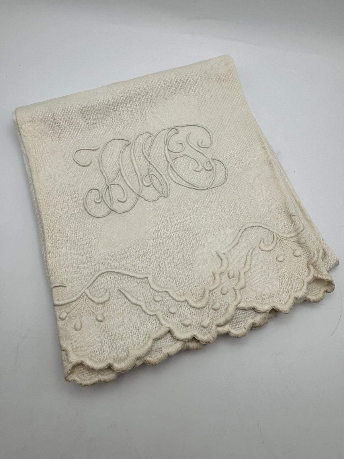 Antique Guest Towel Monogrammed Embroidered Scallop Edge Damask Linen 23” X 40”