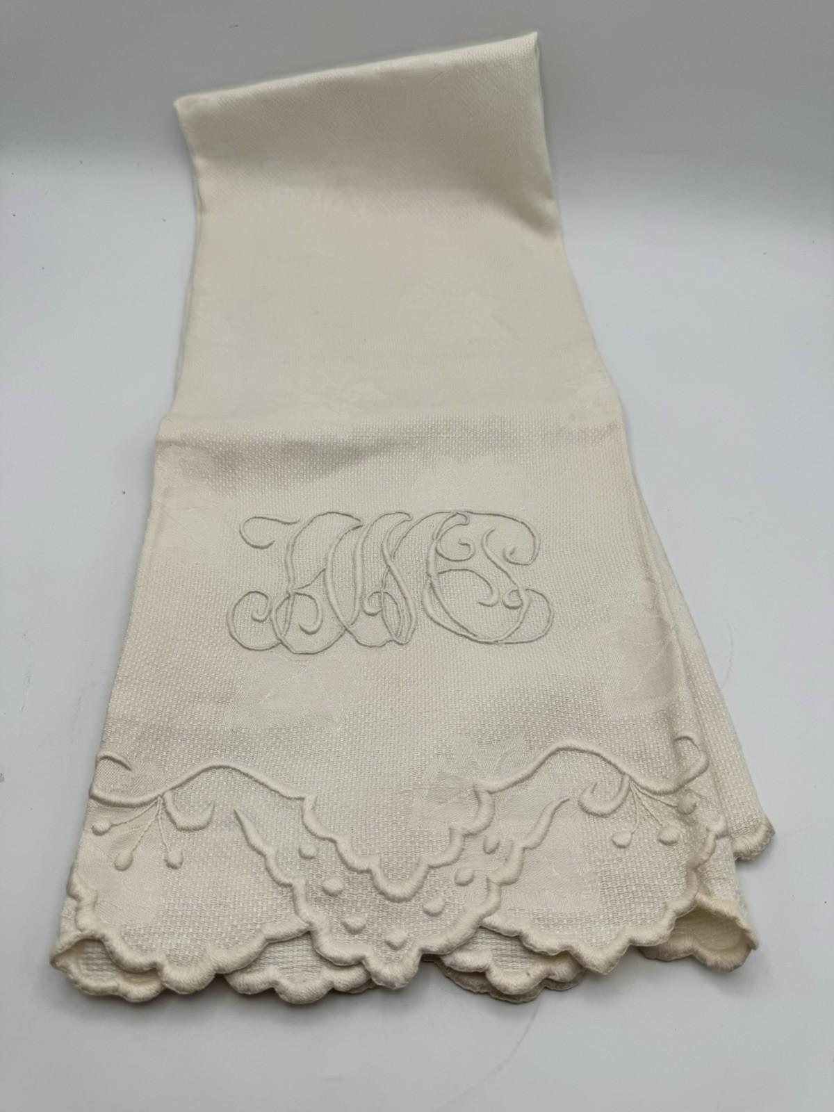 Antique Guest Towel Monogrammed Embroidered Scallop Edge Damask Linen 23” X 40”