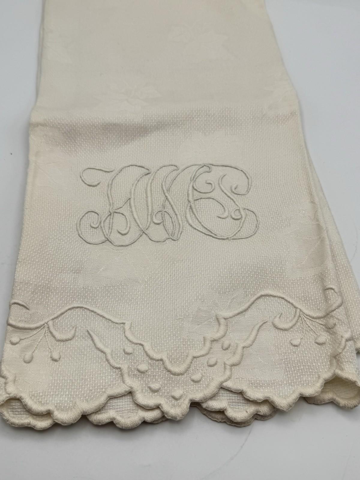 Antique Guest Towel Monogrammed Embroidered Scallop Edge Damask Linen 23” X 40”
