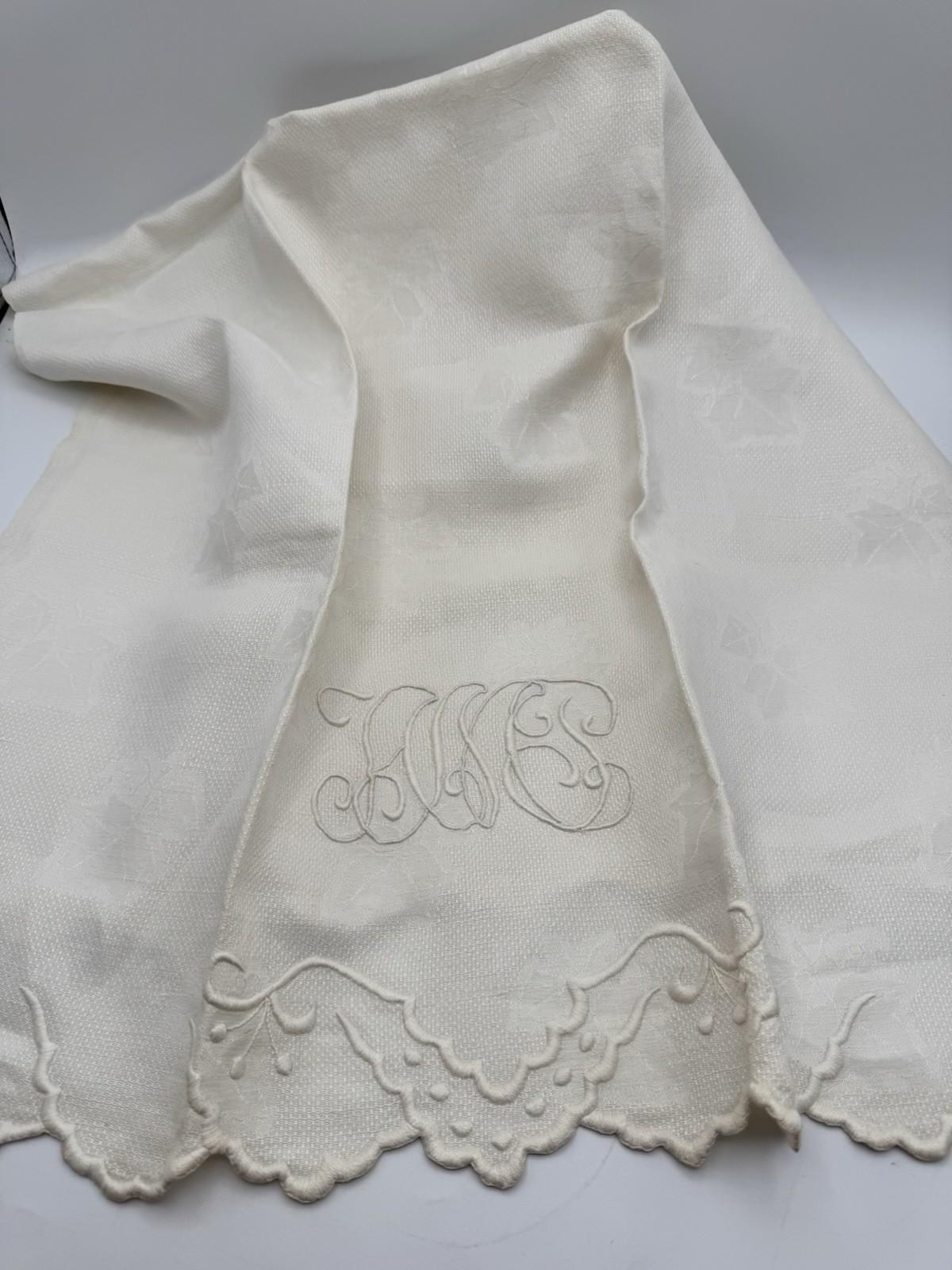 Antique Guest Towel Monogrammed Embroidered Scallop Edge Damask Linen 23” X 40”