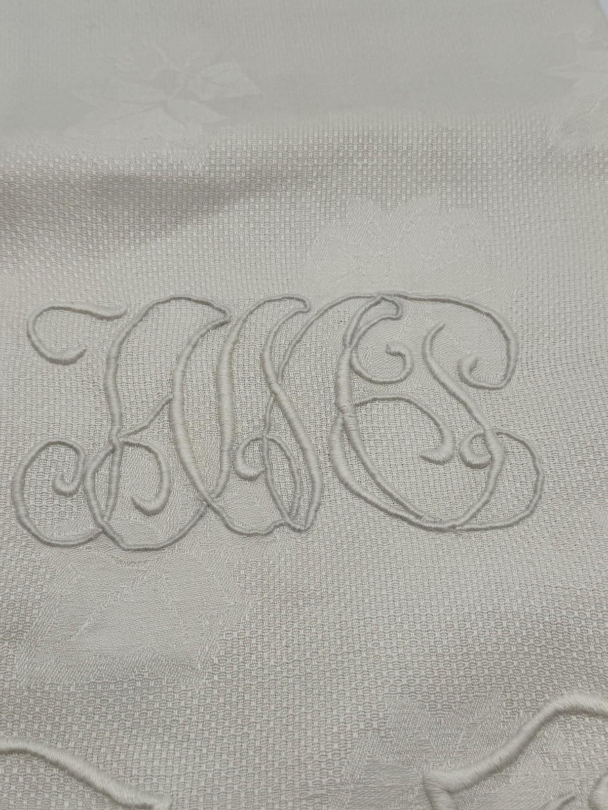 Antique Guest Towel Monogrammed Embroidered Scallop Edge Damask Linen 23” X 40”