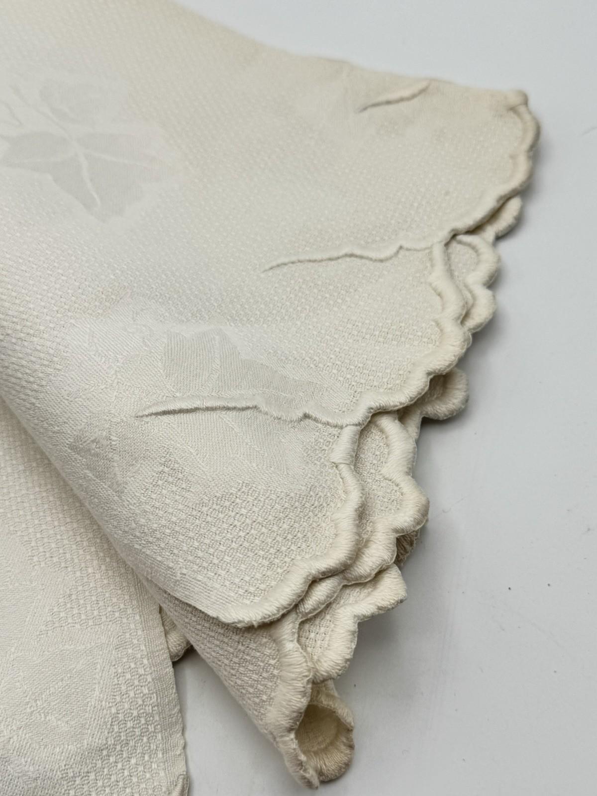 Antique Guest Towel Monogrammed Embroidered Scallop Edge Damask Linen 23” X 40”