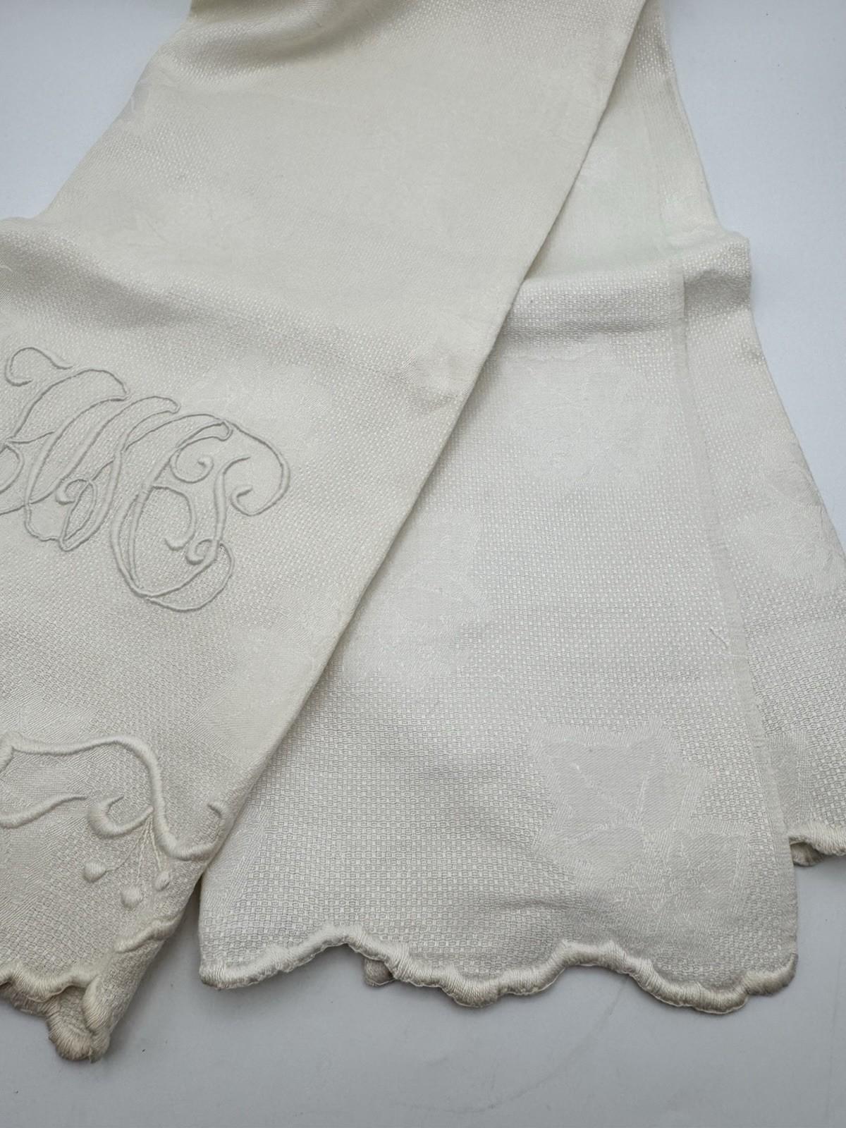 Antique Guest Towel Monogrammed Embroidered Scallop Edge Damask Linen 23” X 40”