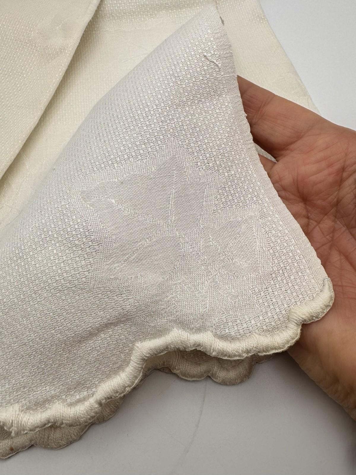 Antique Guest Towel Monogrammed Embroidered Scallop Edge Damask Linen 23” X 40”