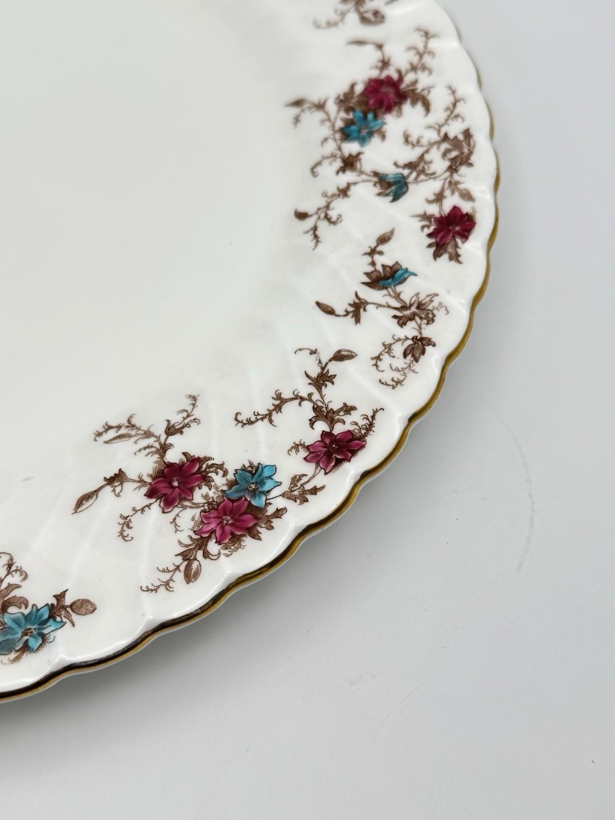Minton Ancestral Plate 12.5” Bone China England Burgundy Teal Floral Gold
