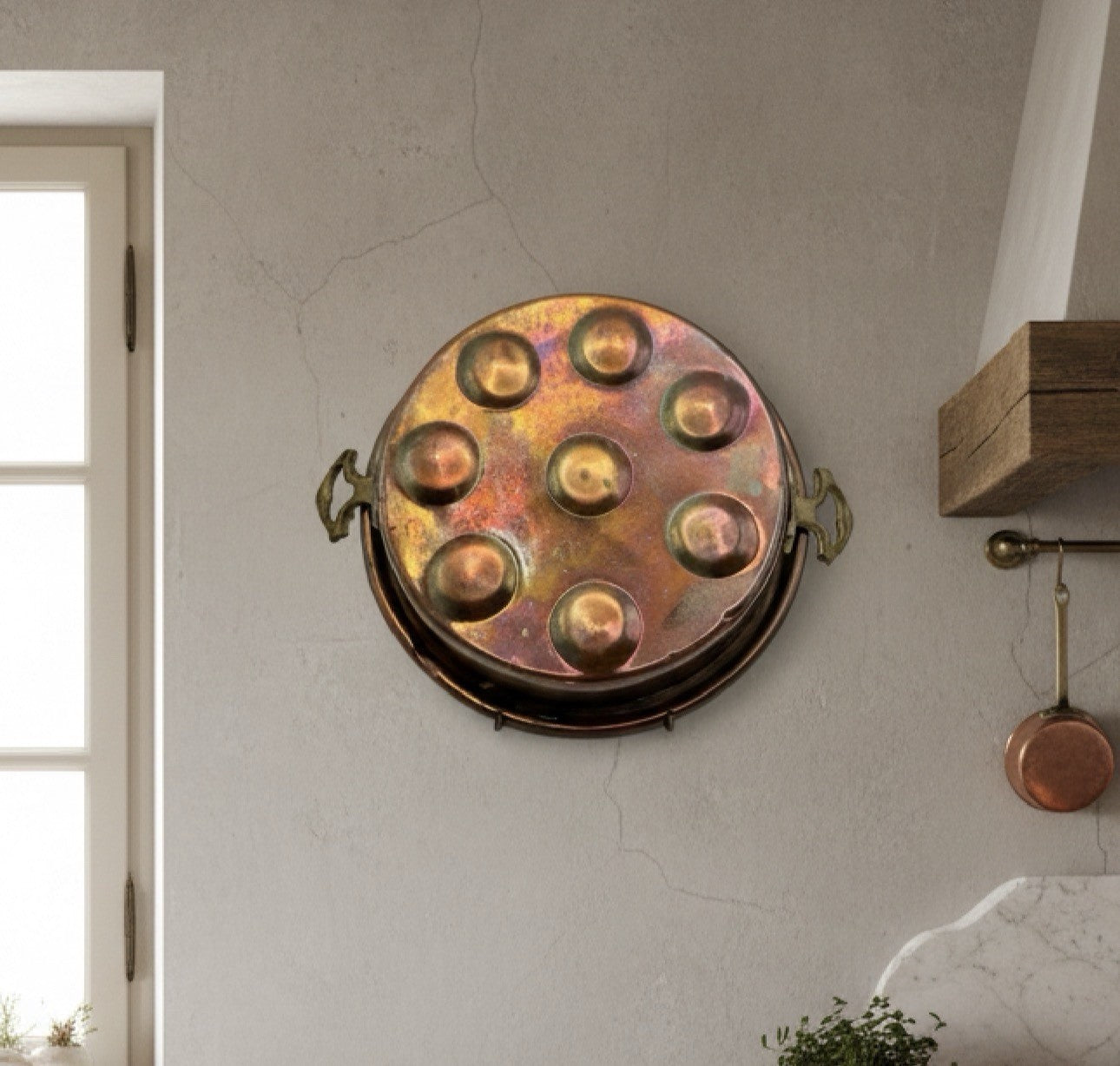 Egg Escargot Oyster Pan Copper 8 Well Brass Handles 10.5”