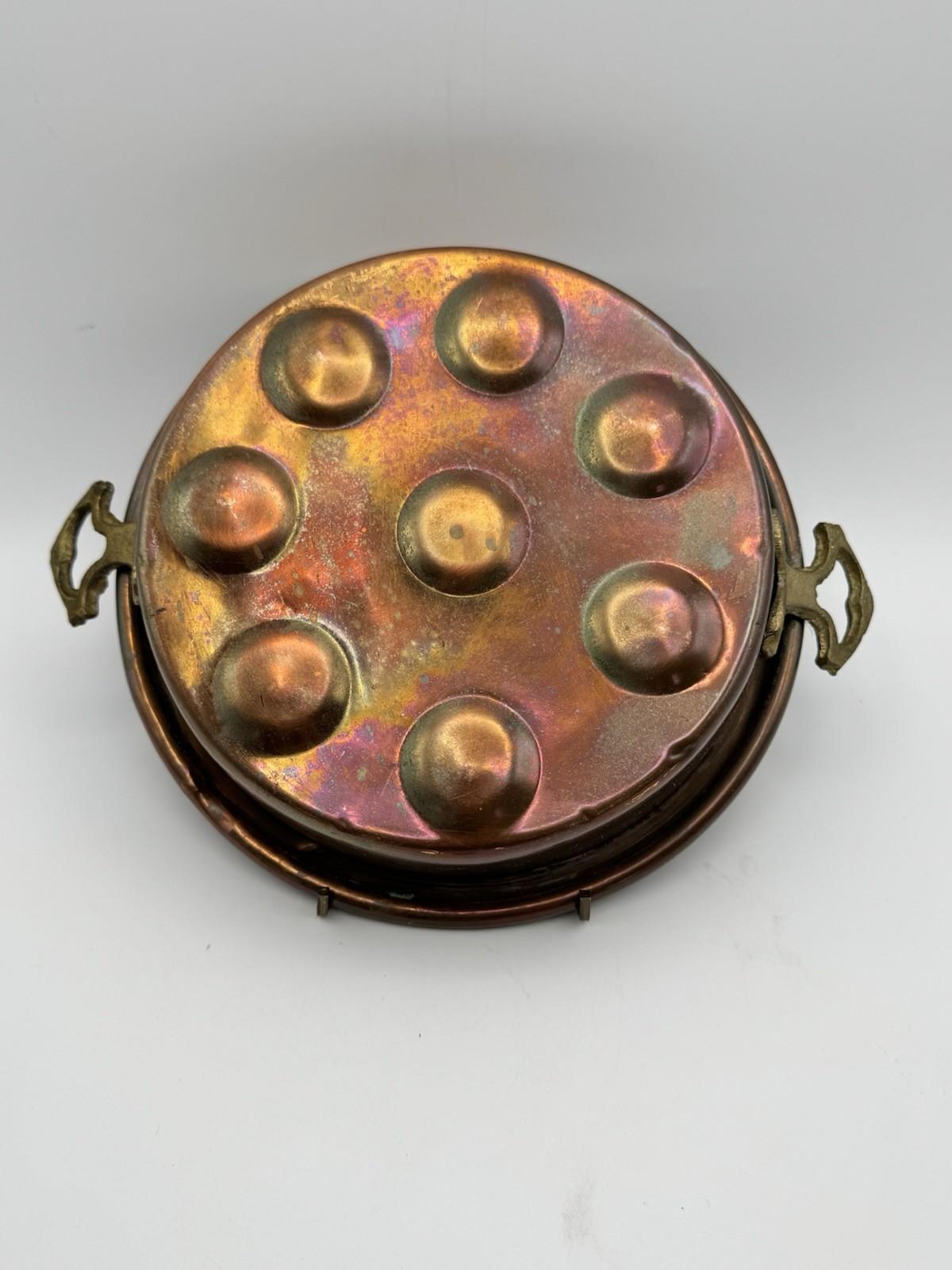 Egg Escargot Oyster Pan Copper 8 Well Brass Handles 10.5”