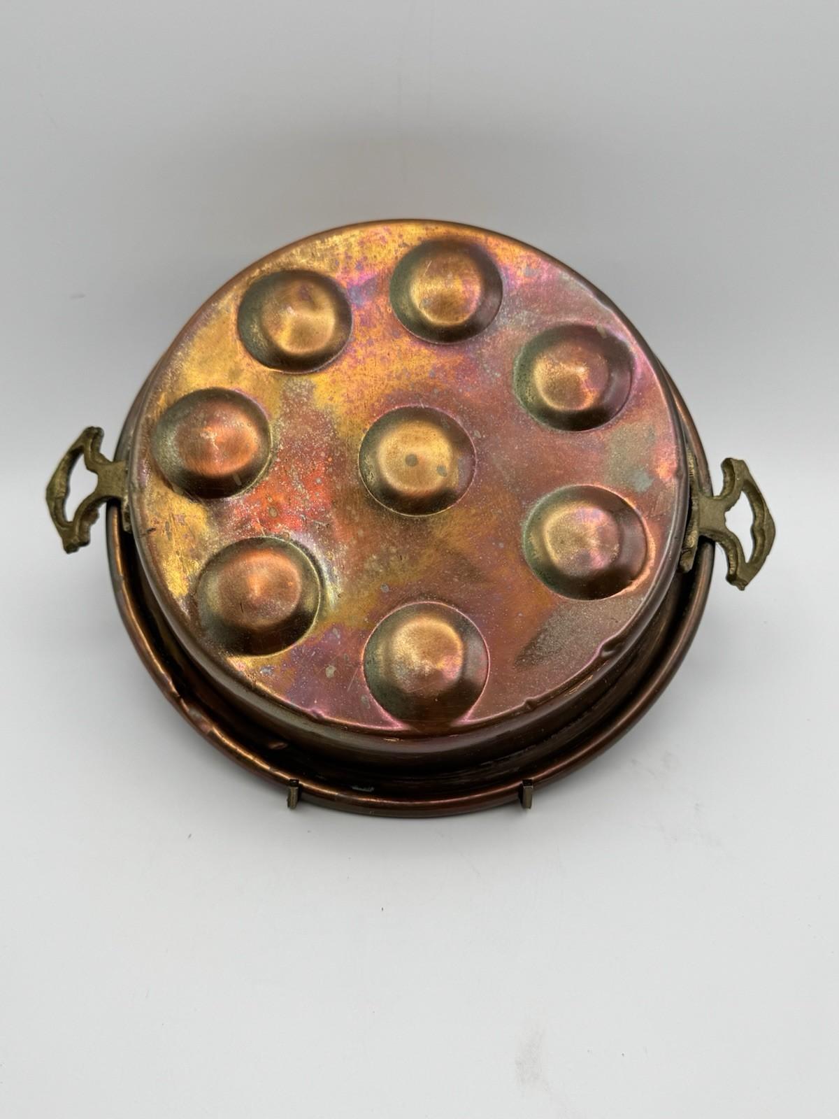 Egg Escargot Oyster Pan Copper 8 Well Brass Handles 10.5”