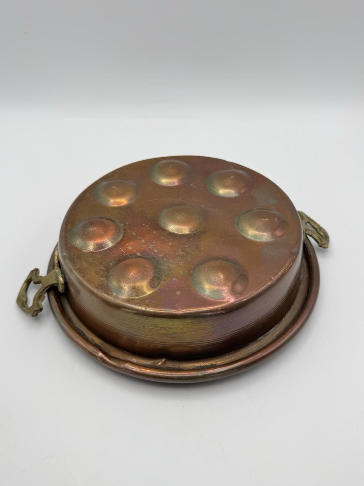 Egg Escargot Oyster Pan Copper 8 Well Brass Handles 10.5”
