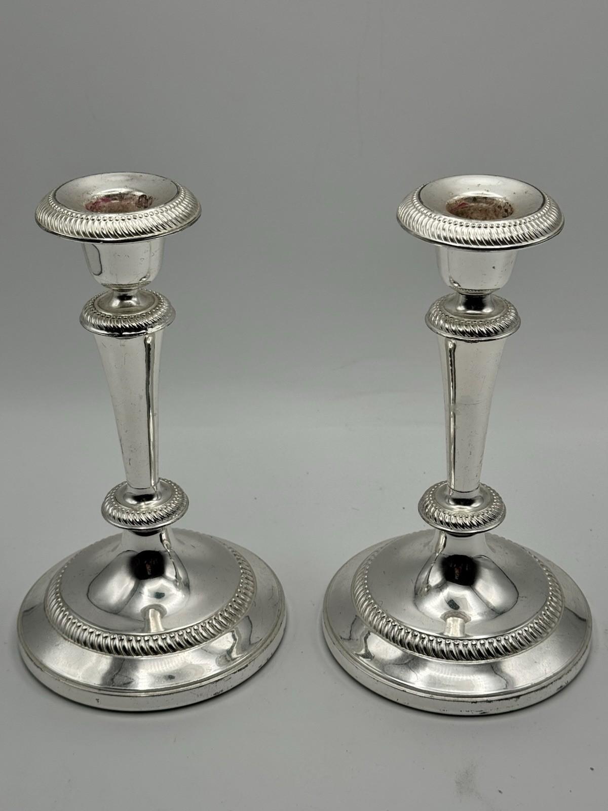 Pair Silverplate Candlesticks Classical Rope Edge Weighted 8 Inch VINTAGE