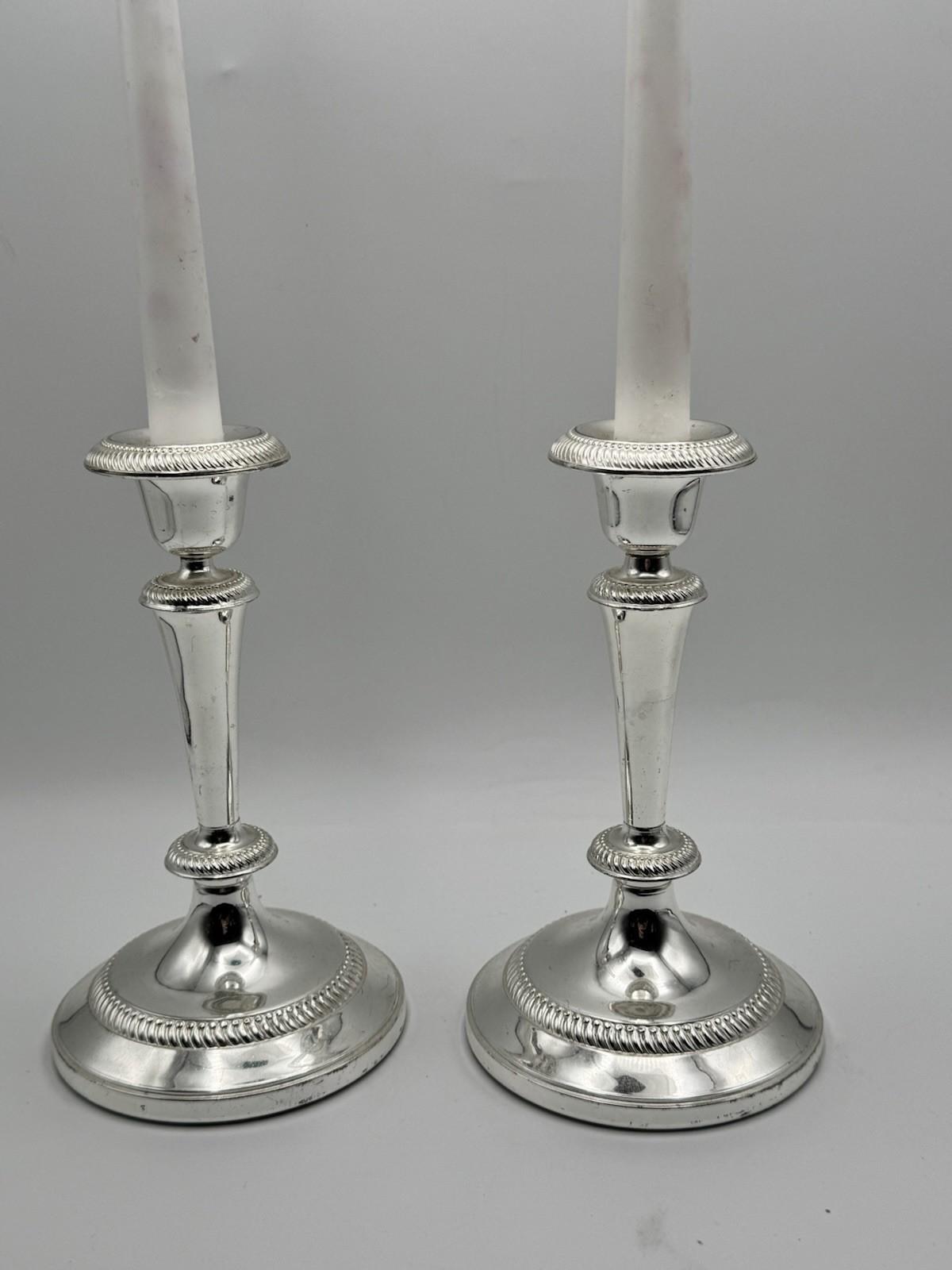 Pair Silverplate Candlesticks Classical Rope Edge Weighted 8 Inch VINTAGE