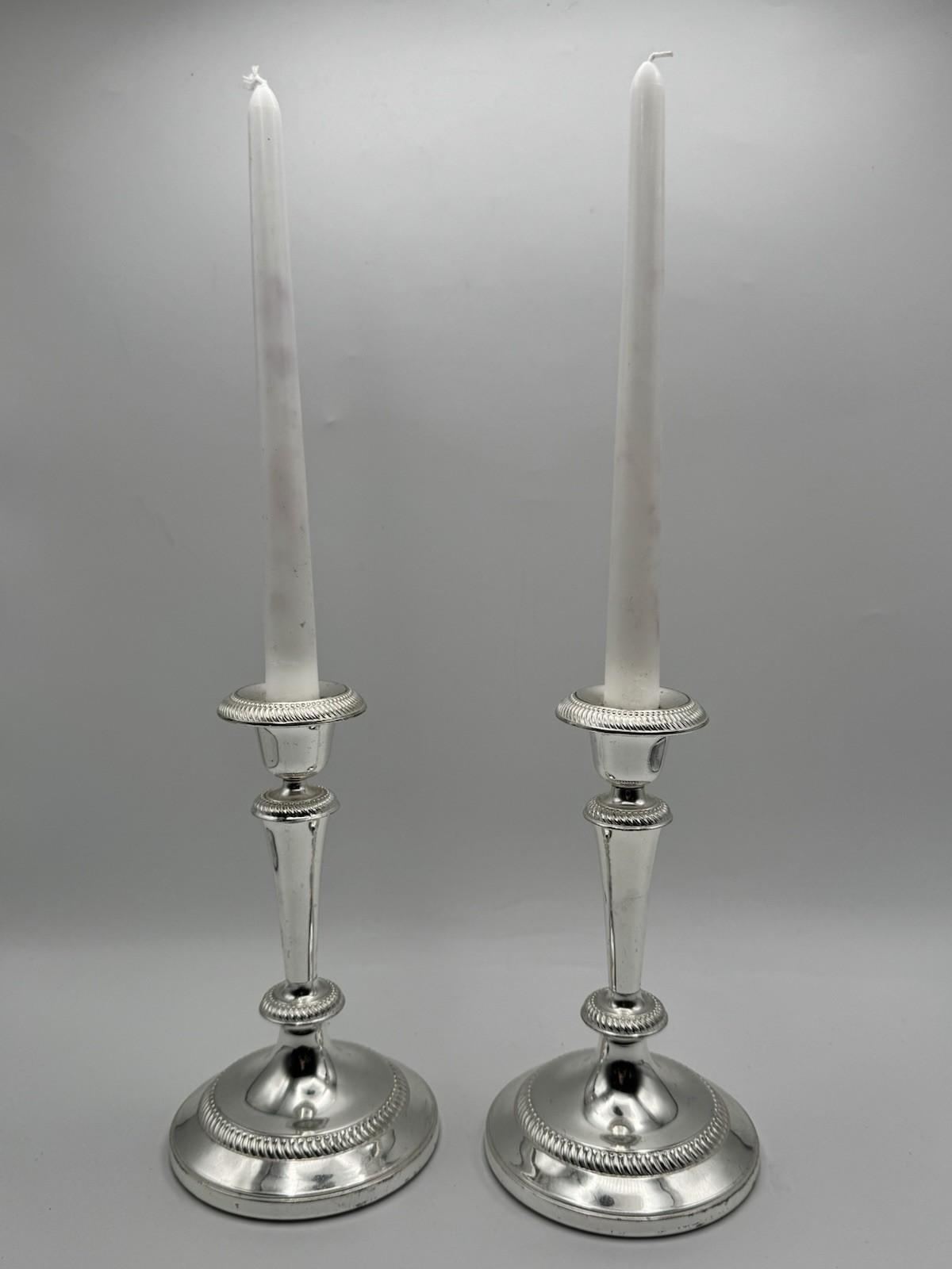 Pair Silverplate Candlesticks Classical Rope Edge Weighted 8 Inch VINTAGE