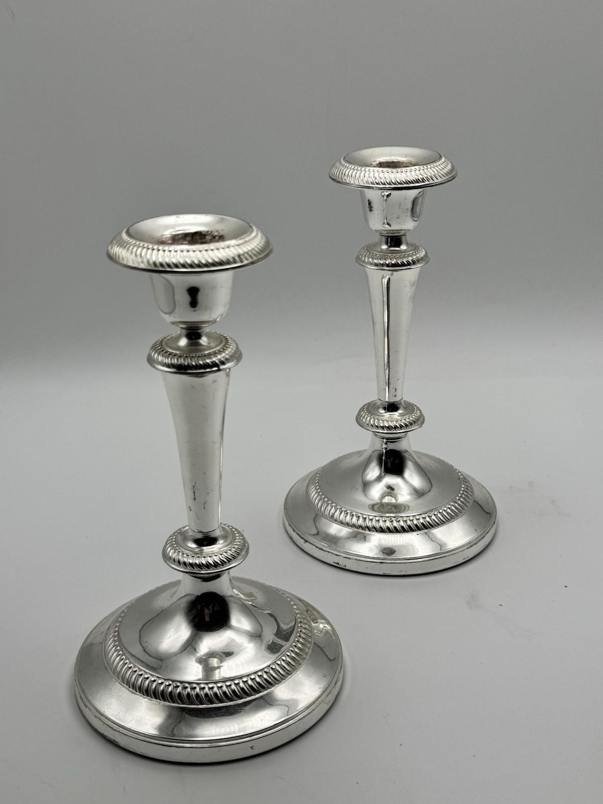 Pair Silverplate Candlesticks Classical Rope Edge Weighted 8 Inch VINTAGE