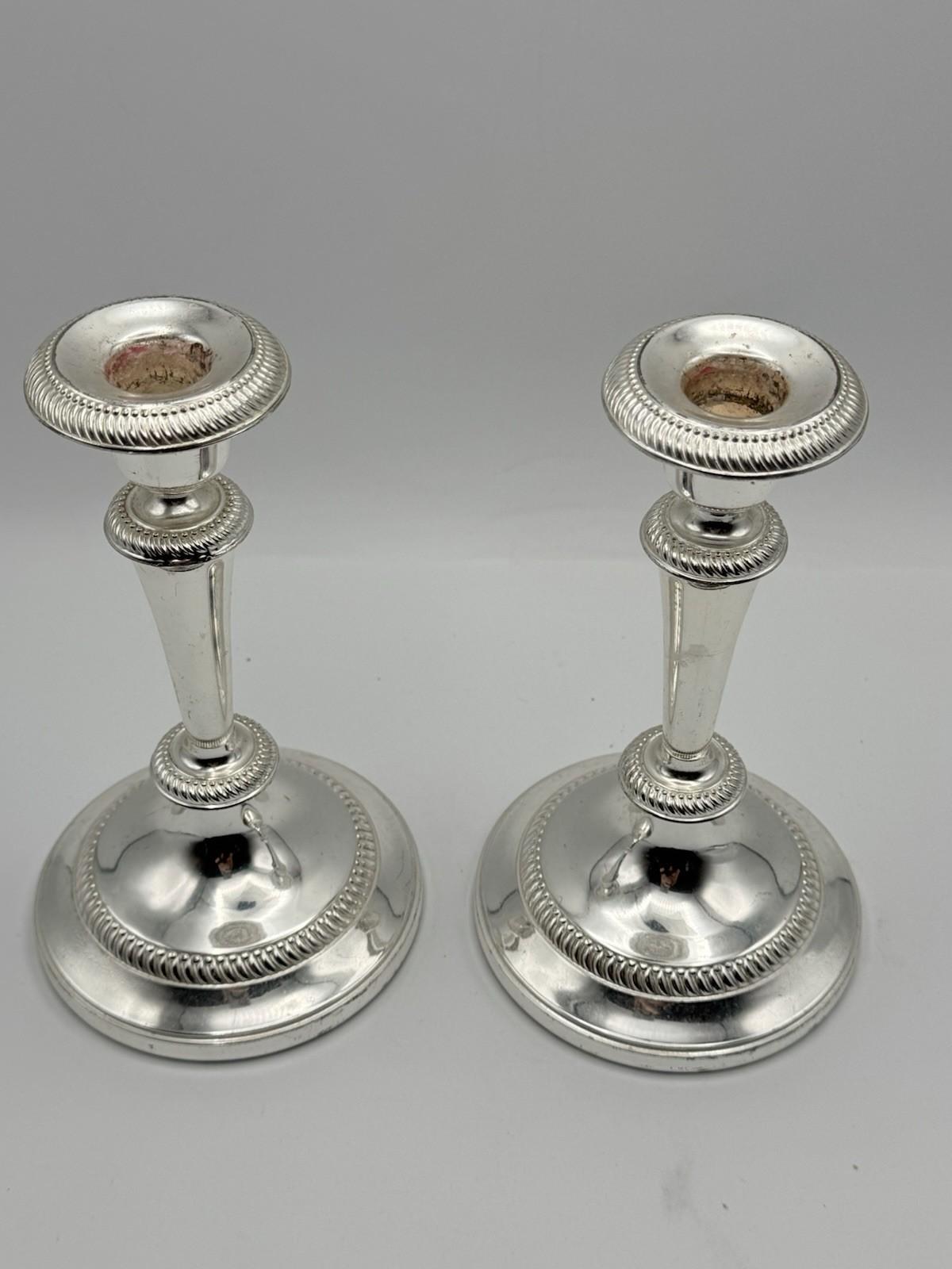 Pair Silverplate Candlesticks Classical Rope Edge Weighted 8 Inch VINTAGE