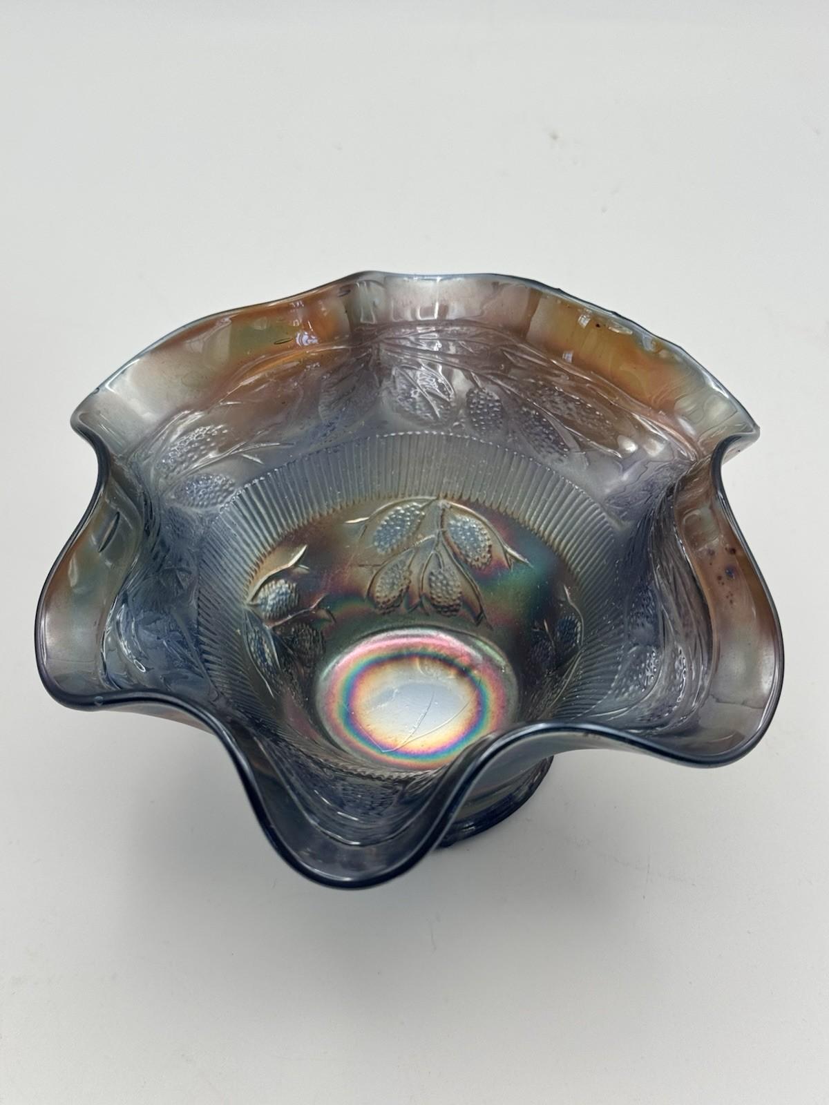 Vintage Fenton Bowl Blackberry Cobalt Blue Carnival Glass 6 Inch Ruffled #248