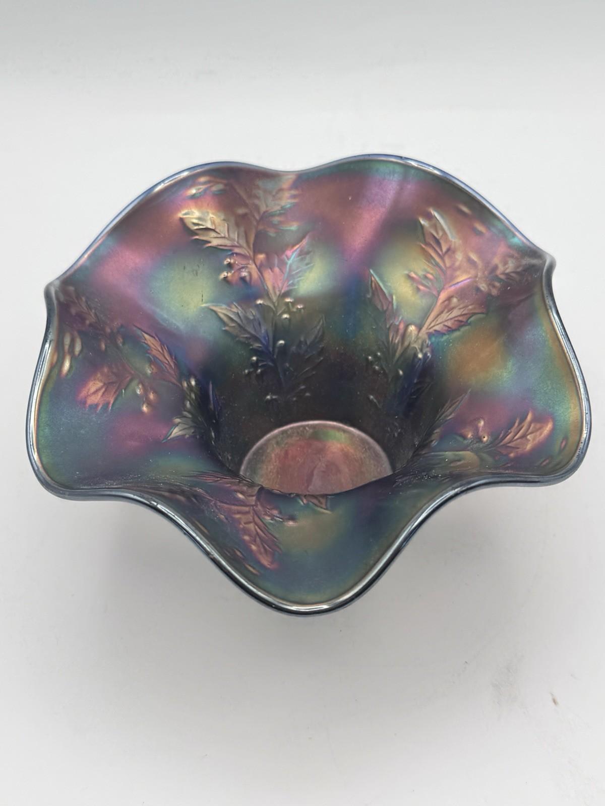 Vintage Fenton Bowl Holly Cobalt Blue Carnival Glass 6 Inch Ruffled