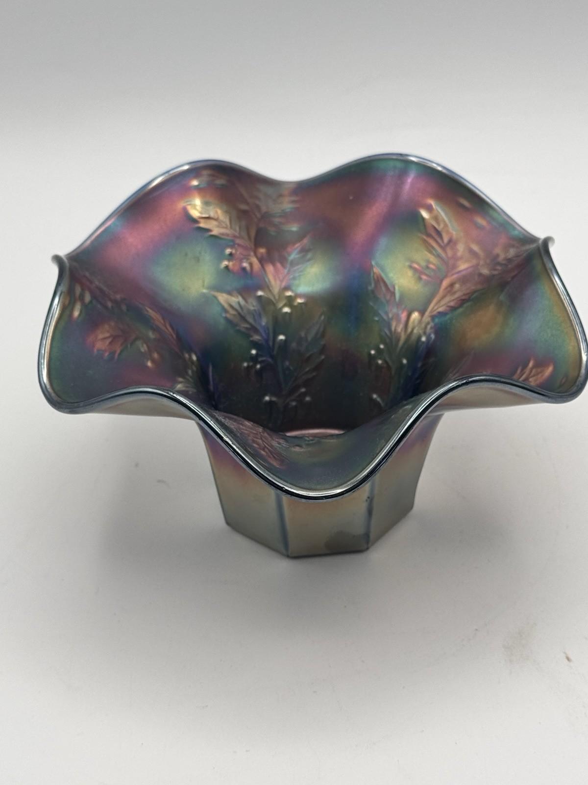 Vintage Fenton Bowl Holly Cobalt Blue Carnival Glass 6 Inch Ruffled