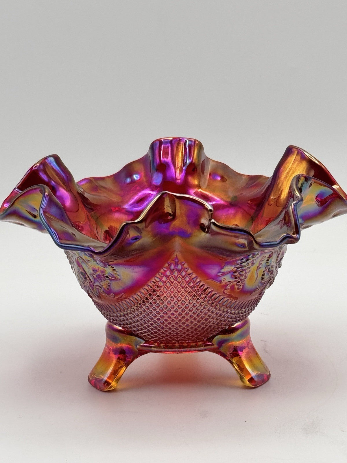 Vintage Fenton Footed Bowl Ruby Carnival Glass Ruffled Manufacture FLAW READ‼️