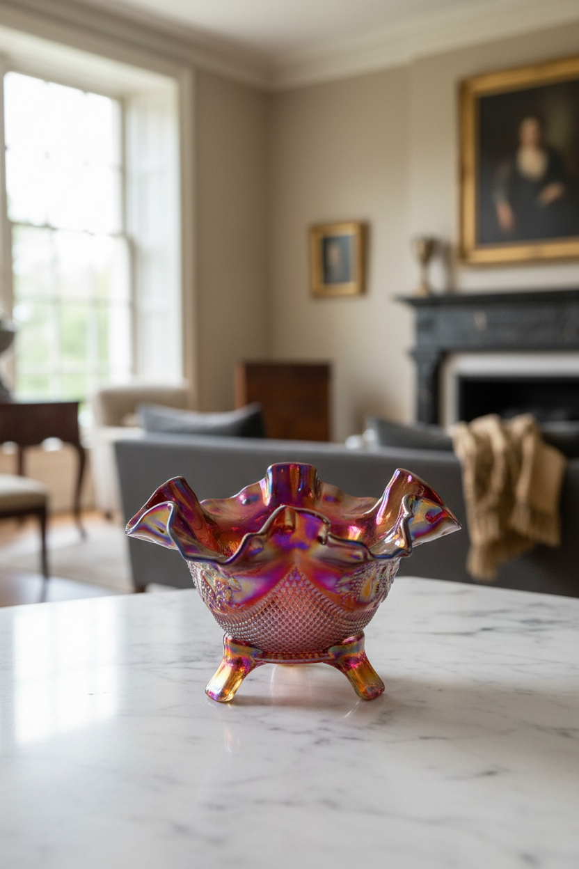 Vintage Fenton Footed Bowl Ruby Carnival Glass Ruffled Manufacture FLAW READ‼️
